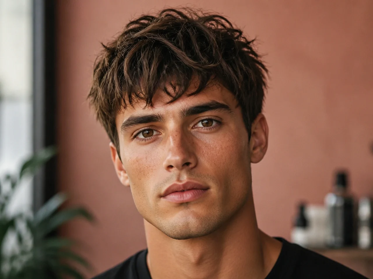 Piecey chopped fringe with sharply defined separated pieces above the brow