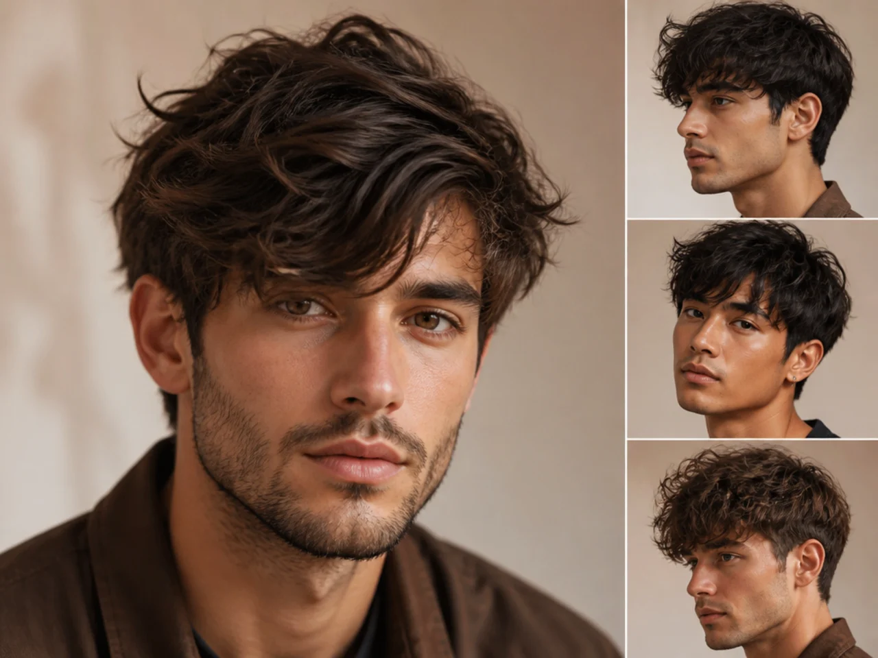 Side-swept messy fringe angled across the forehead with textured layers