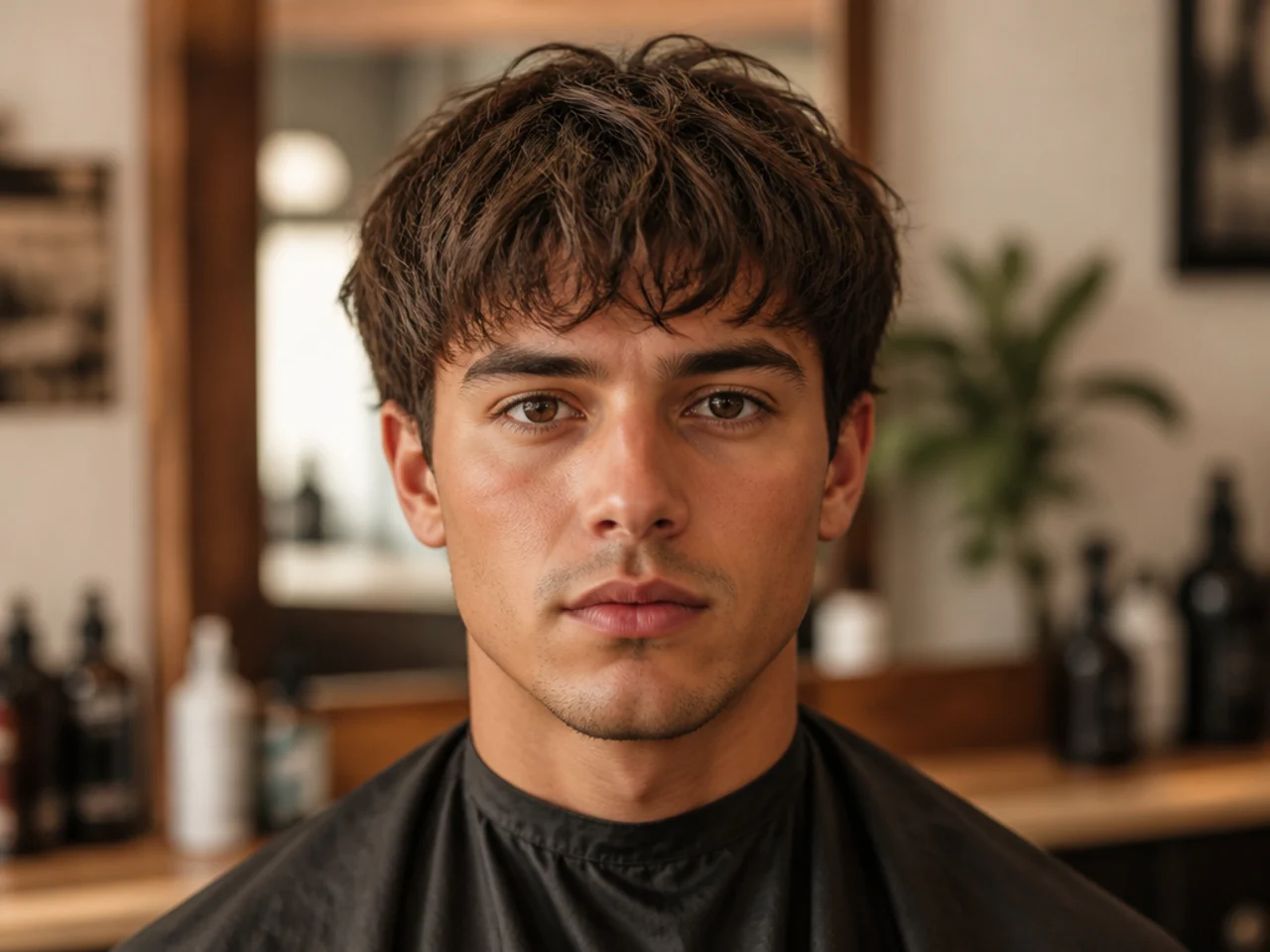 Barber consultation for a messy fringe haircut with reference photo on a phone
