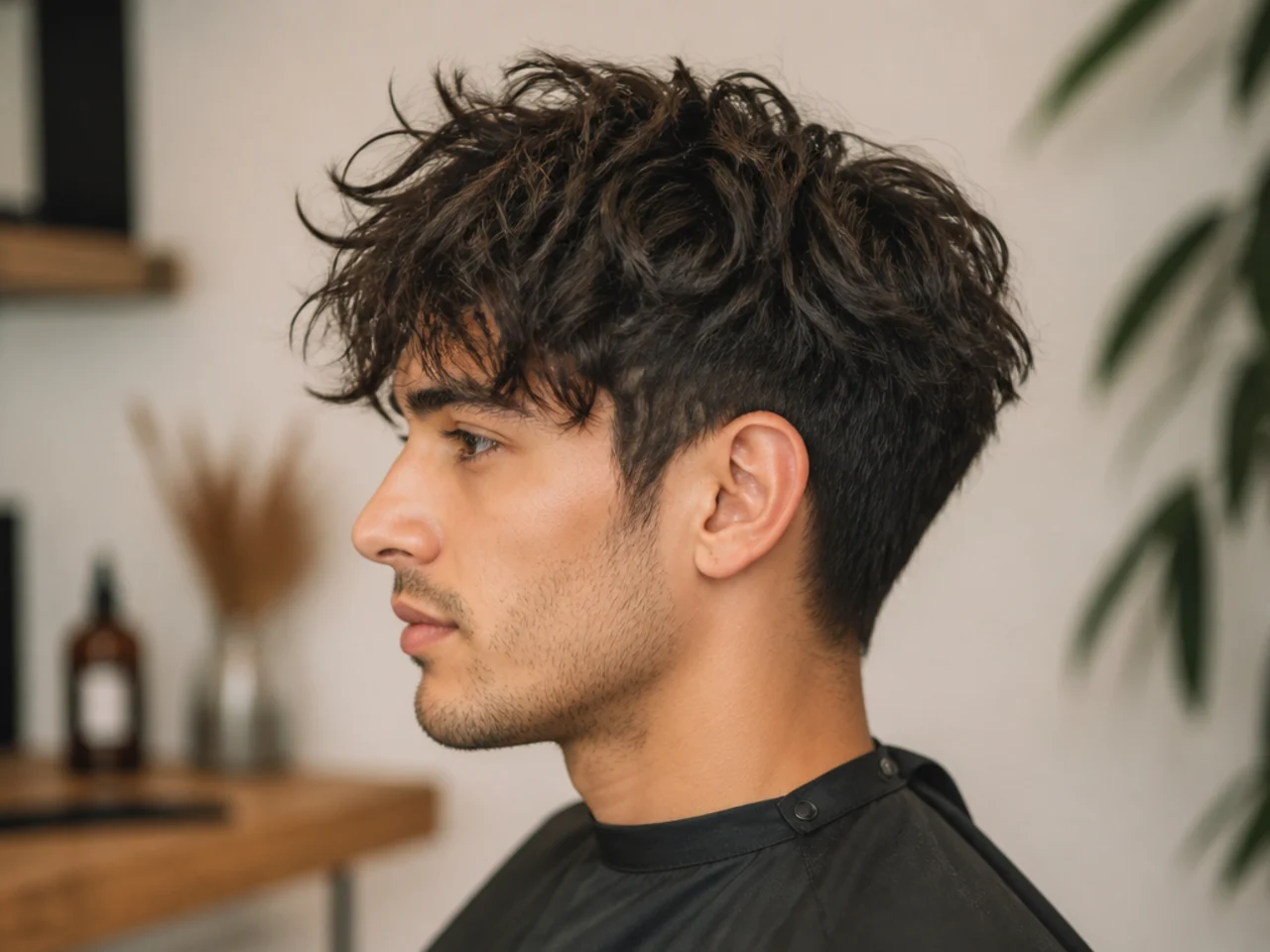 Styling products for a messy fringe haircut arranged on a barbershop counter