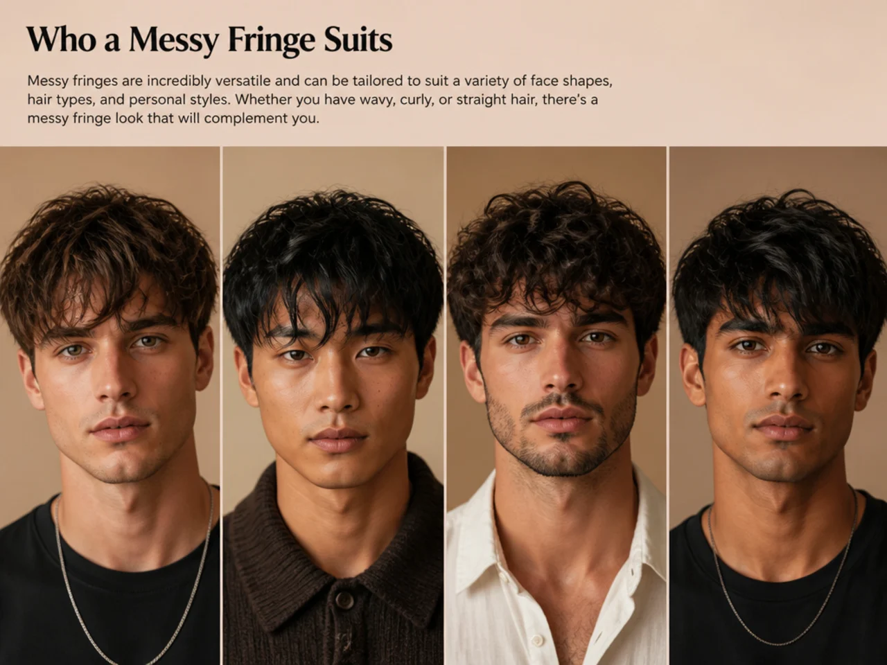 Three-quarter barbershop portrait showing how a messy fringe frames different face shapes