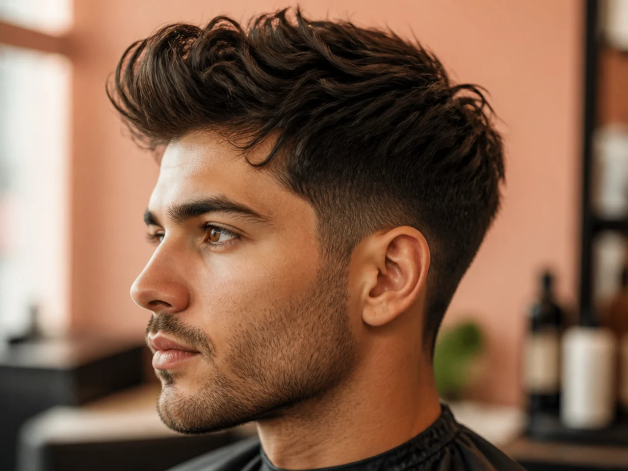 Low taper messy quiff on a young man showing subtle taper at the neckline with tousled matte top