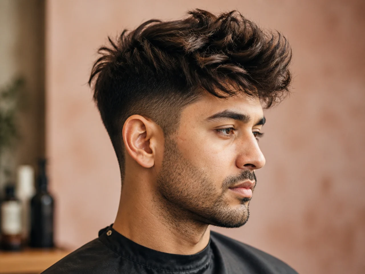 Scissor-blended messy quiff on a young man with no clipper work, soft sides, and tousled matte top