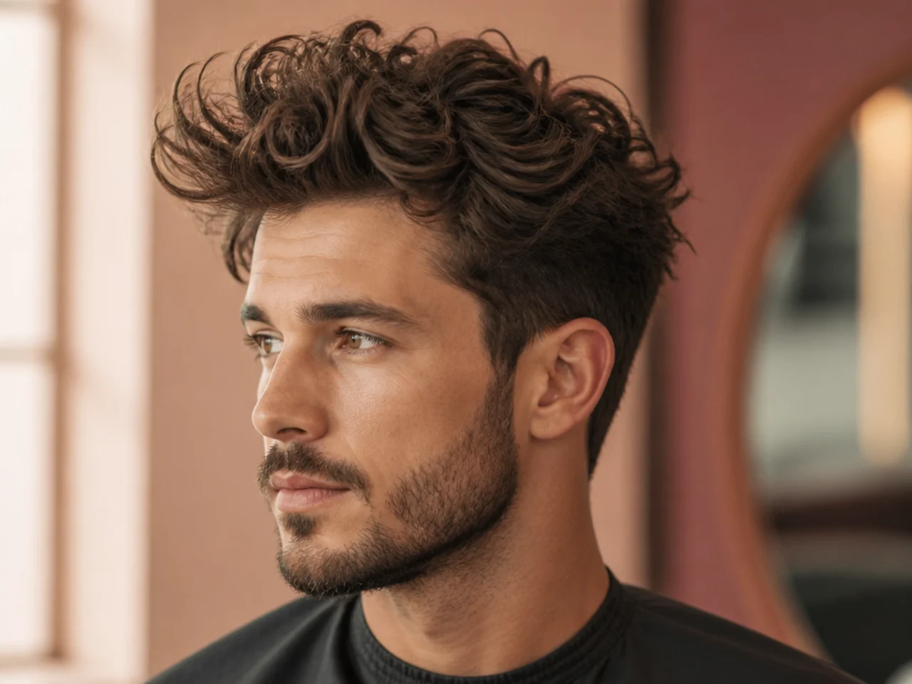 Curly messy quiff on a young Black man with defined coils lifted and pushed back on a mid taper