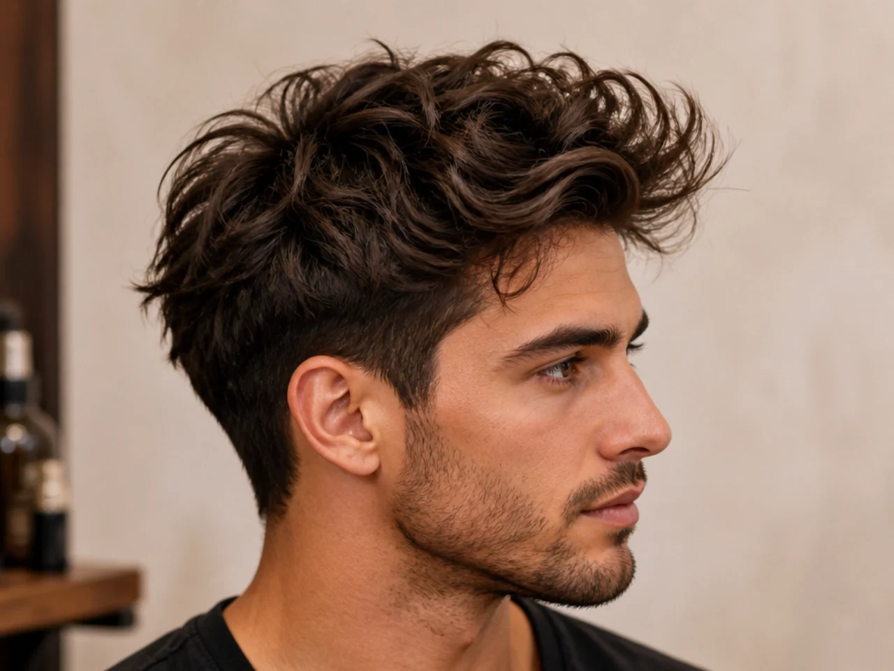 Wavy messy quiff on a young man with natural wave pattern lifted and pushed back over a low fade
