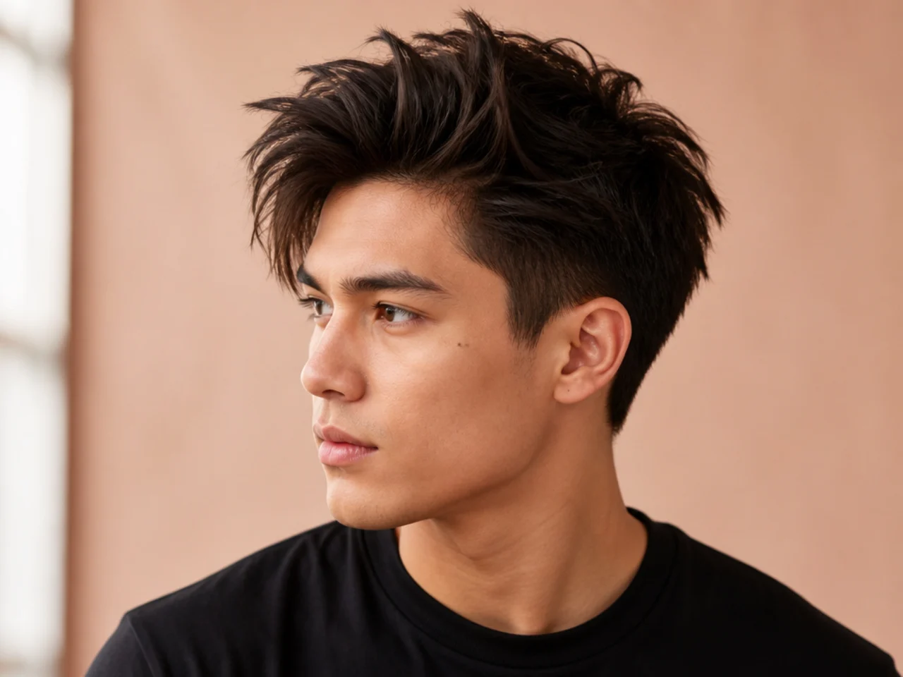 Straight-hair messy quiff on a young man showing volume built through cut technique and sea-salt spray