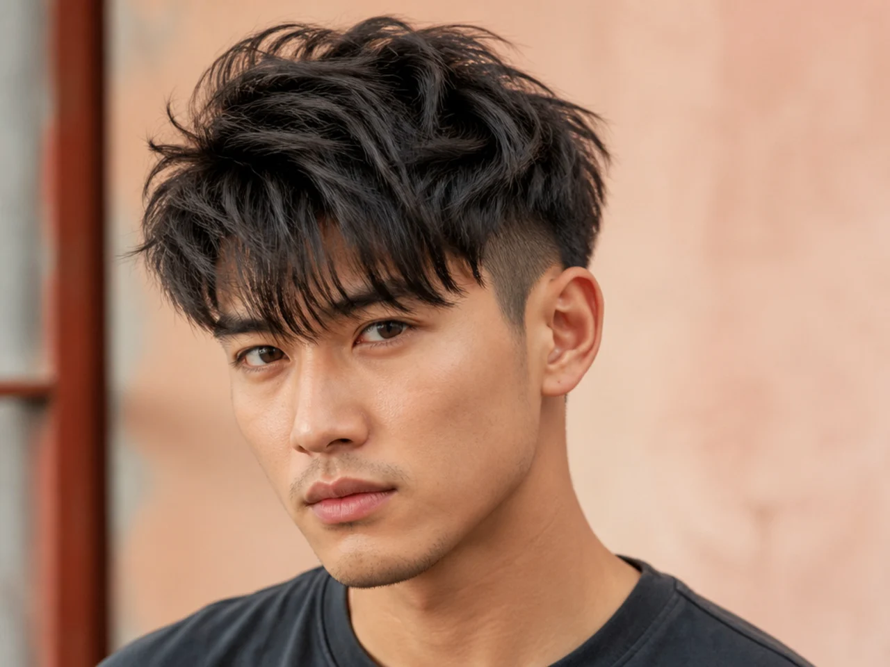 Messy quiff with fringe on a young man showing front fringe left down over the brow instead of lifted