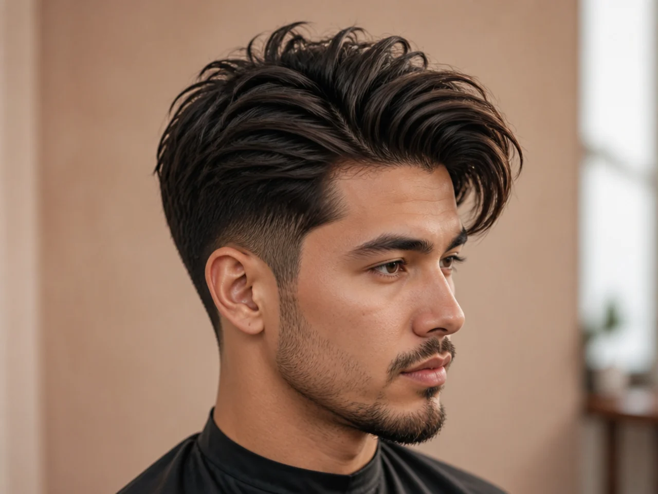 Side-swept messy quiff on a young man with front pushed diagonally across the forehead over a low fade