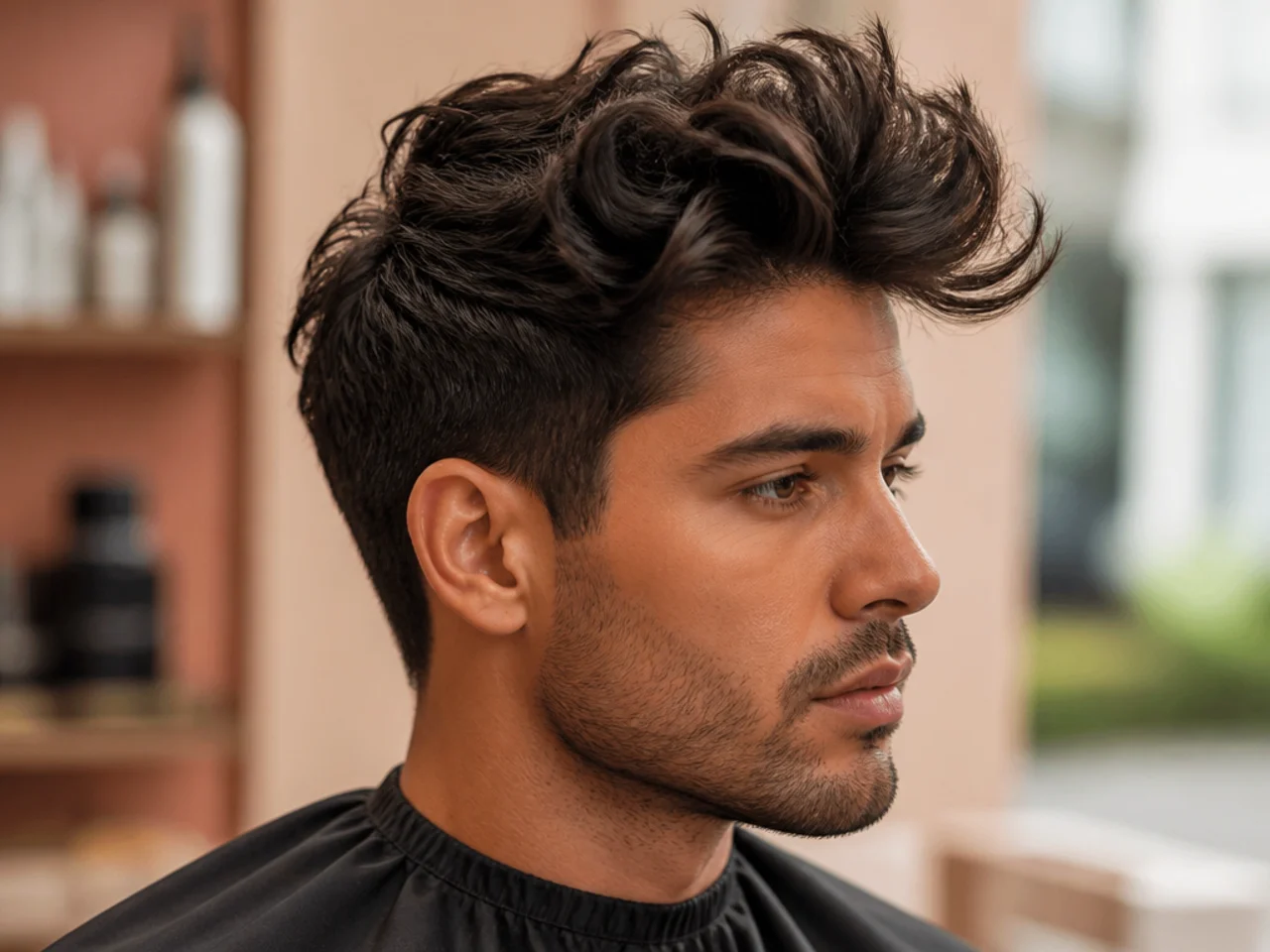 Messy pompadour-quiff hybrid on a young man showing exaggerated front height in a matte tousled finish