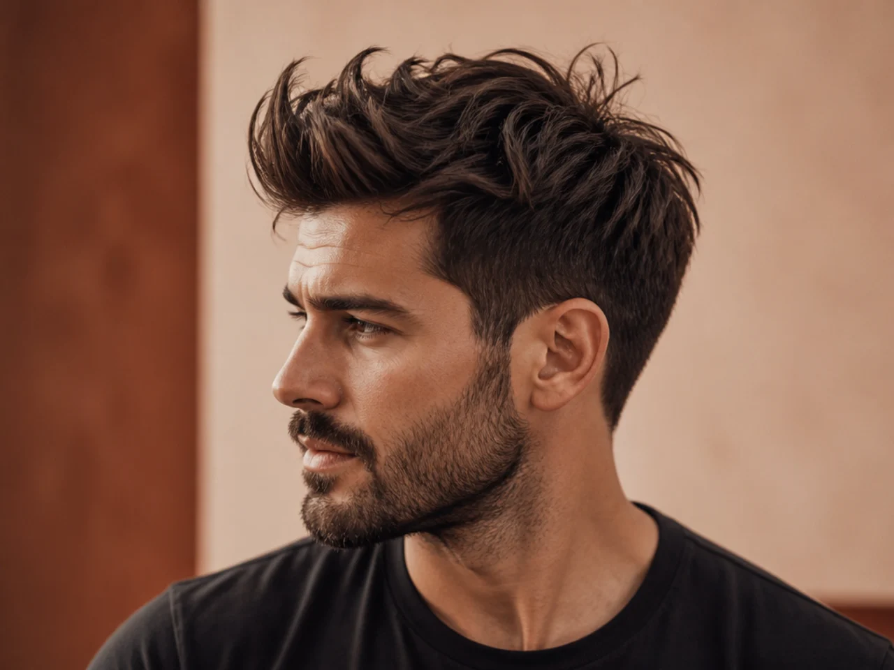 Messy quiff with a full beard on a young man showing height balanced by trimmed facial hair