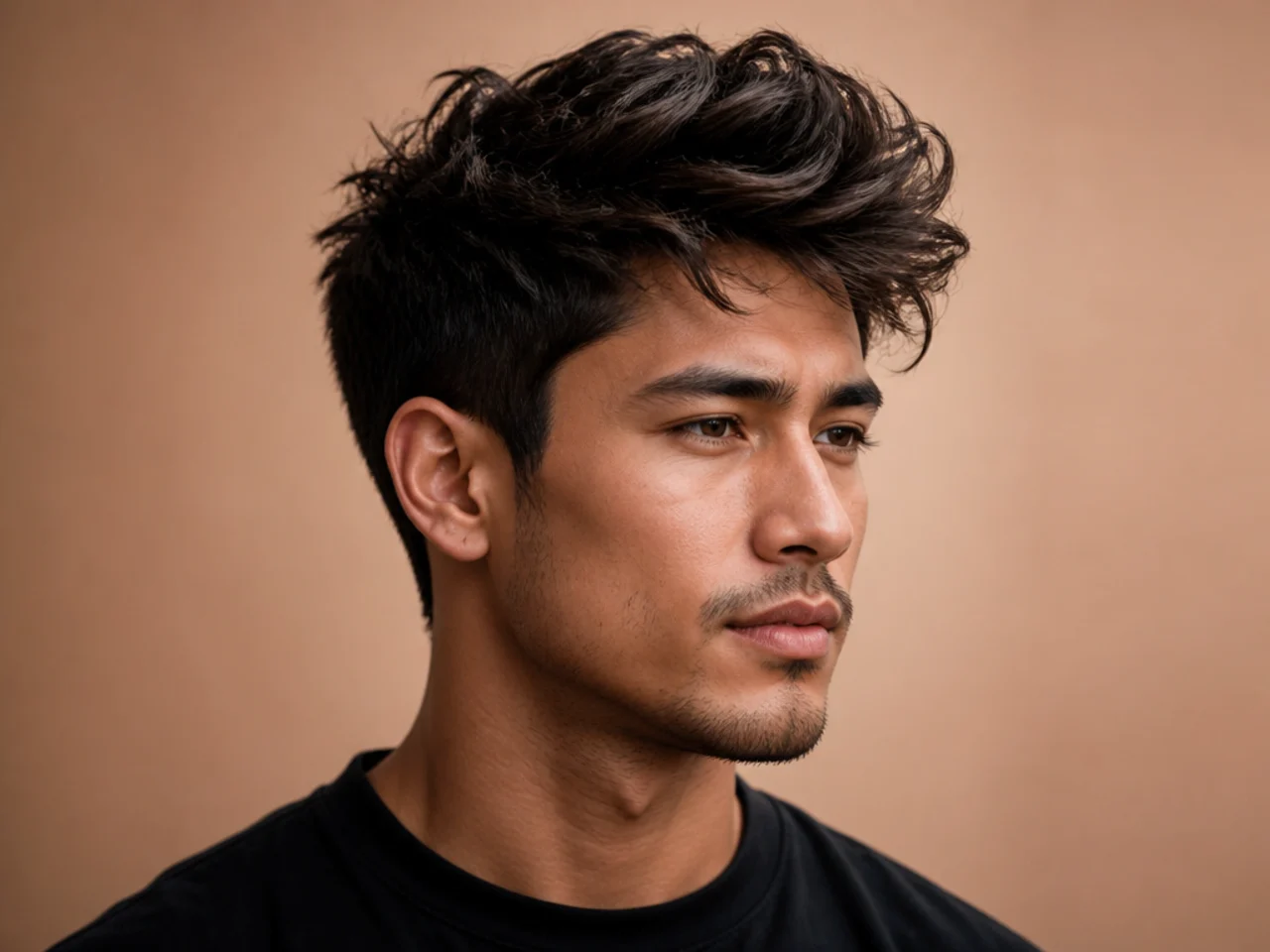 Textured messy quiff with visible piece separation on a young man with straight hair and mid fade sides