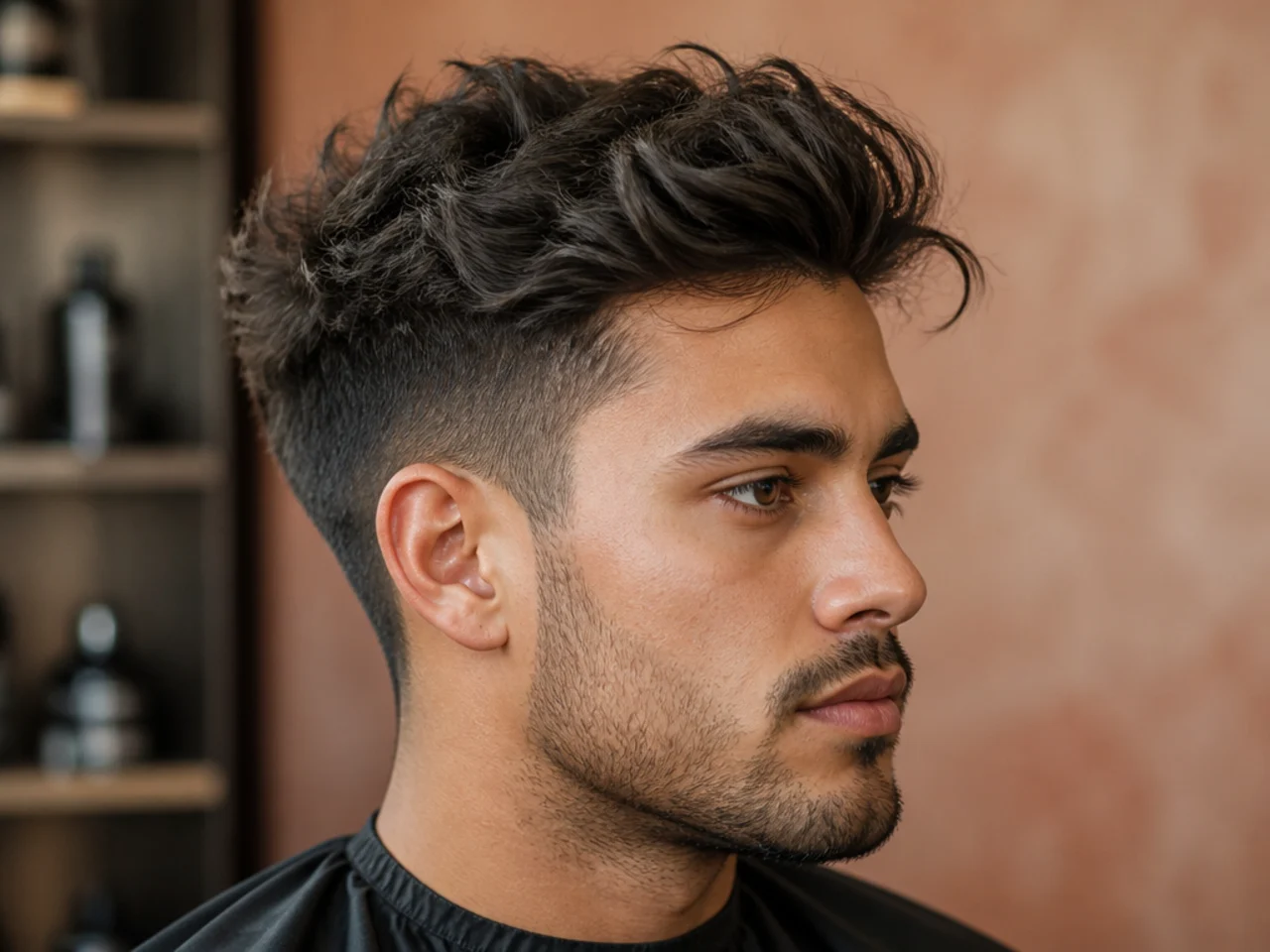 Grown-out modern messy quiff on a young man showing overgrown wavy top with soft scissor-blended sides