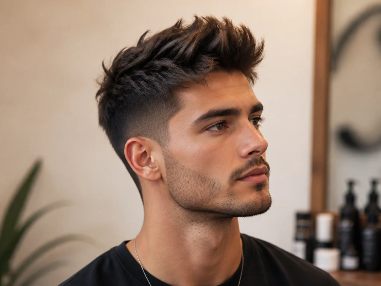 Short messy quiff on a young man with two-inch top, skin fade sides, and matte piecey finish