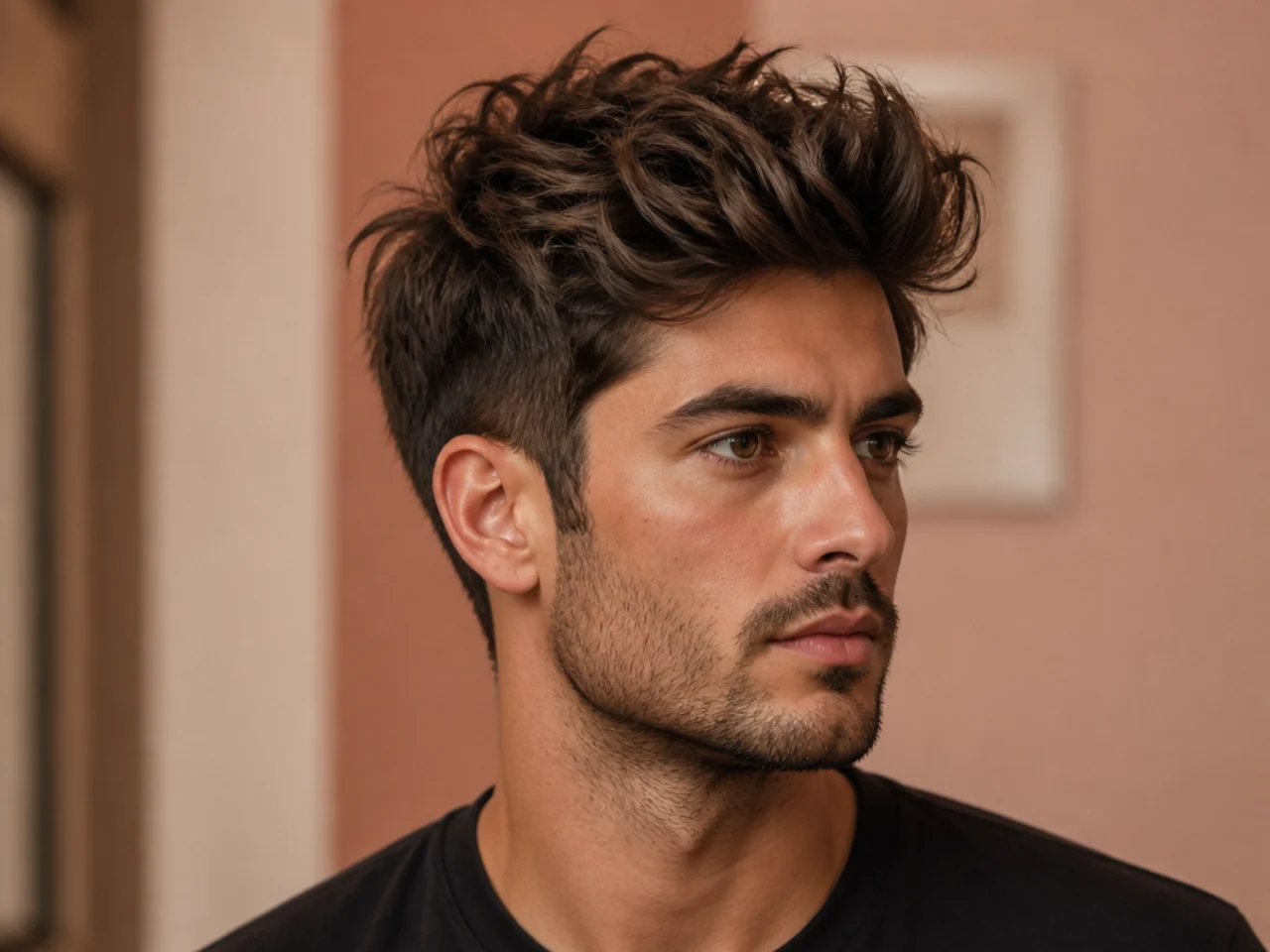 Medium-length messy quiff at five inches on a young man with tousled finish and mid fade sides