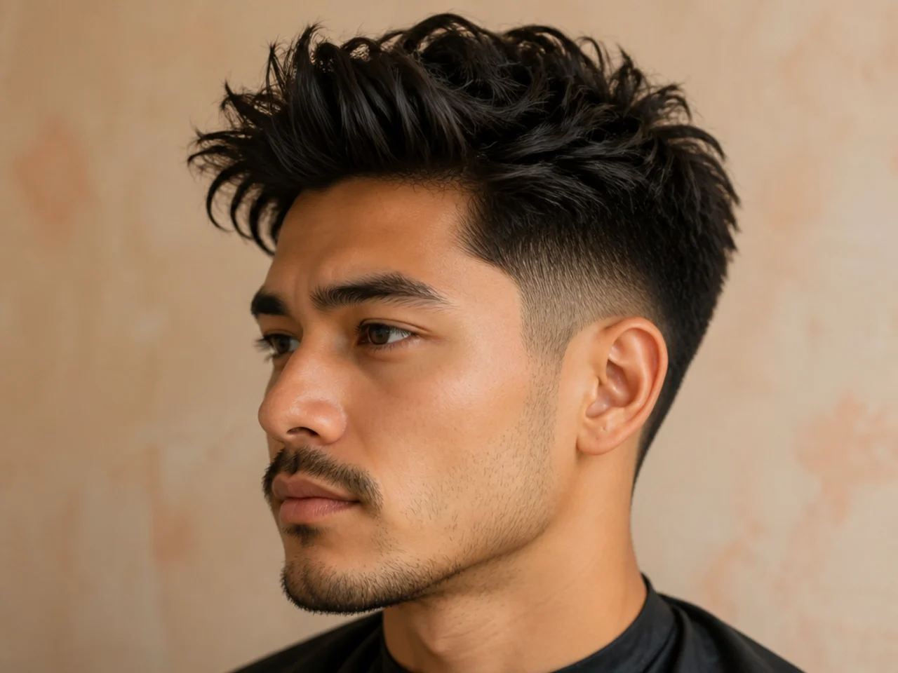 Low fade messy quiff on a young man showing clean low fade at the ears with tousled front lift