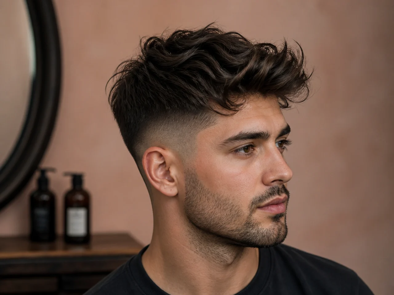 Mid fade messy quiff on a young man with fade starting at the temple and tousled matte top