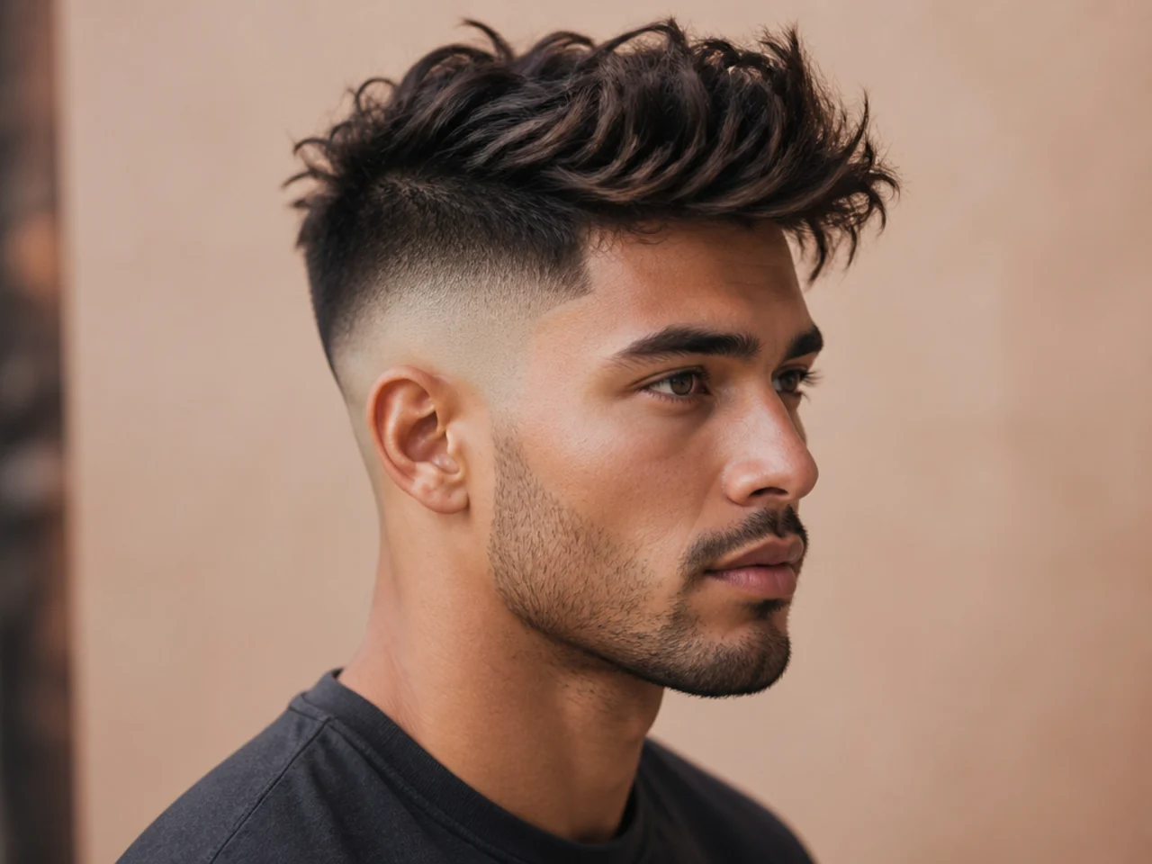 High skin fade messy quiff on a young man showing sharp contrast between shaved sides and tousled top