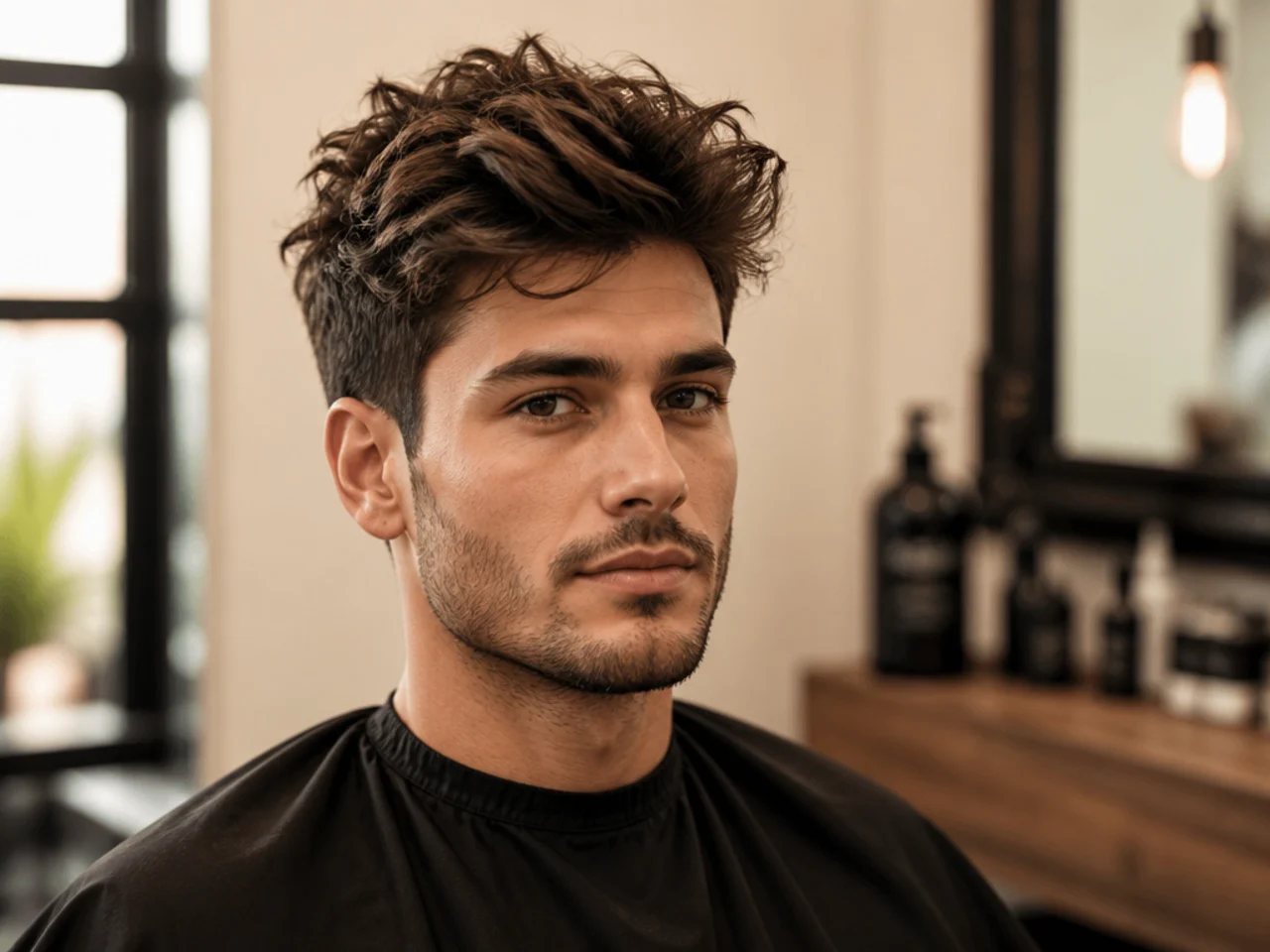 Barbershop consultation showing a young man handing his barber a phone photo reference for a messy quiff
