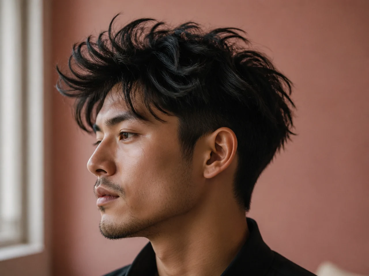 Modern messy quiff on a young man with tousled front pieces, matte finish, and short faded sides