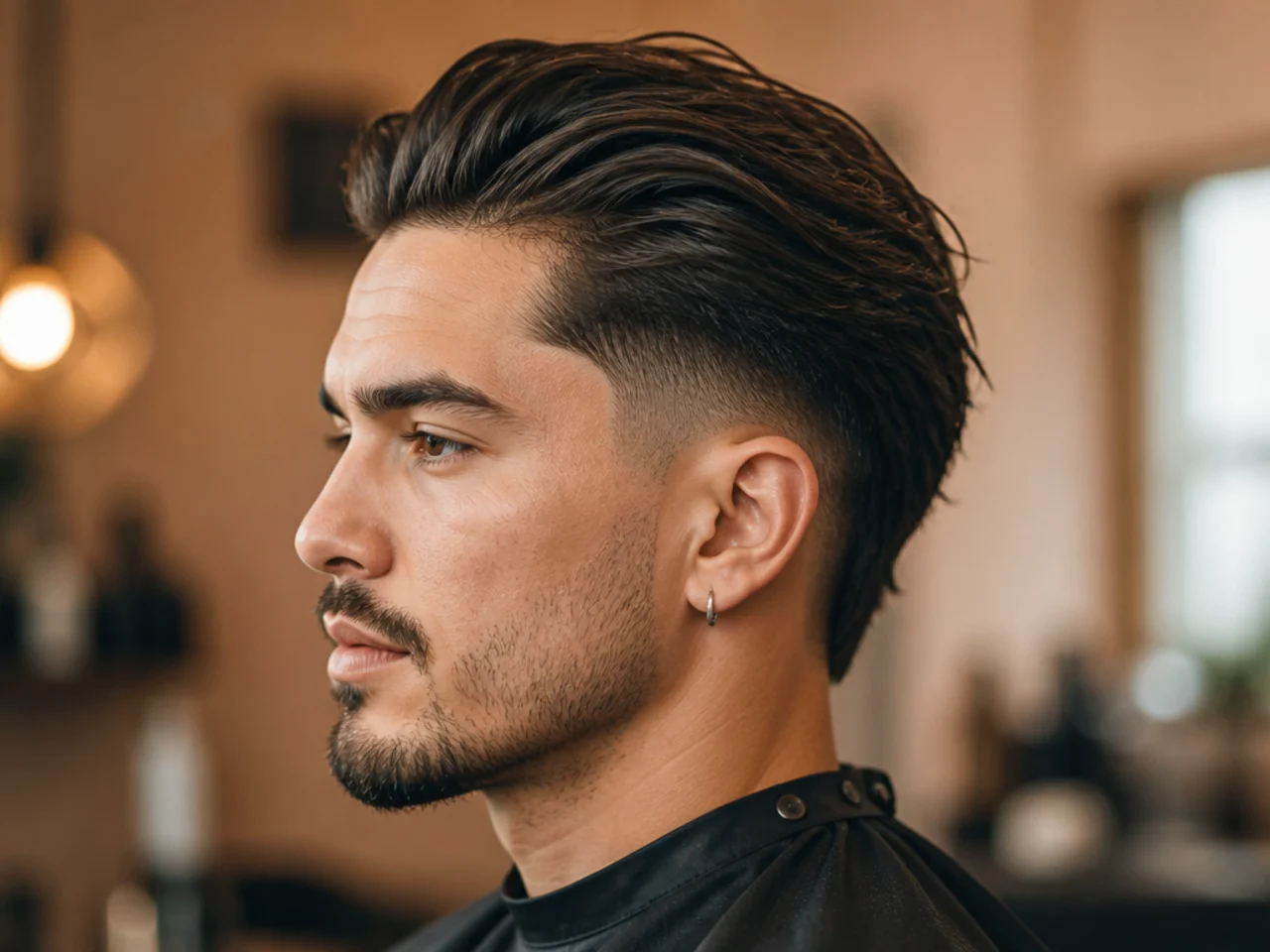 Messy slick back with a mid drop fade that curves down behind the ear on dark hair