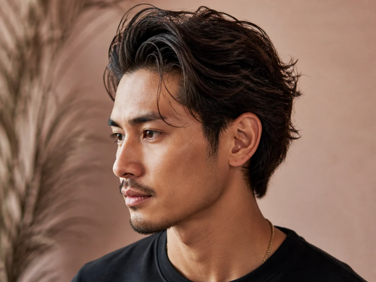 Wavy hair messy slick back with visible 2B pattern through the styled top
