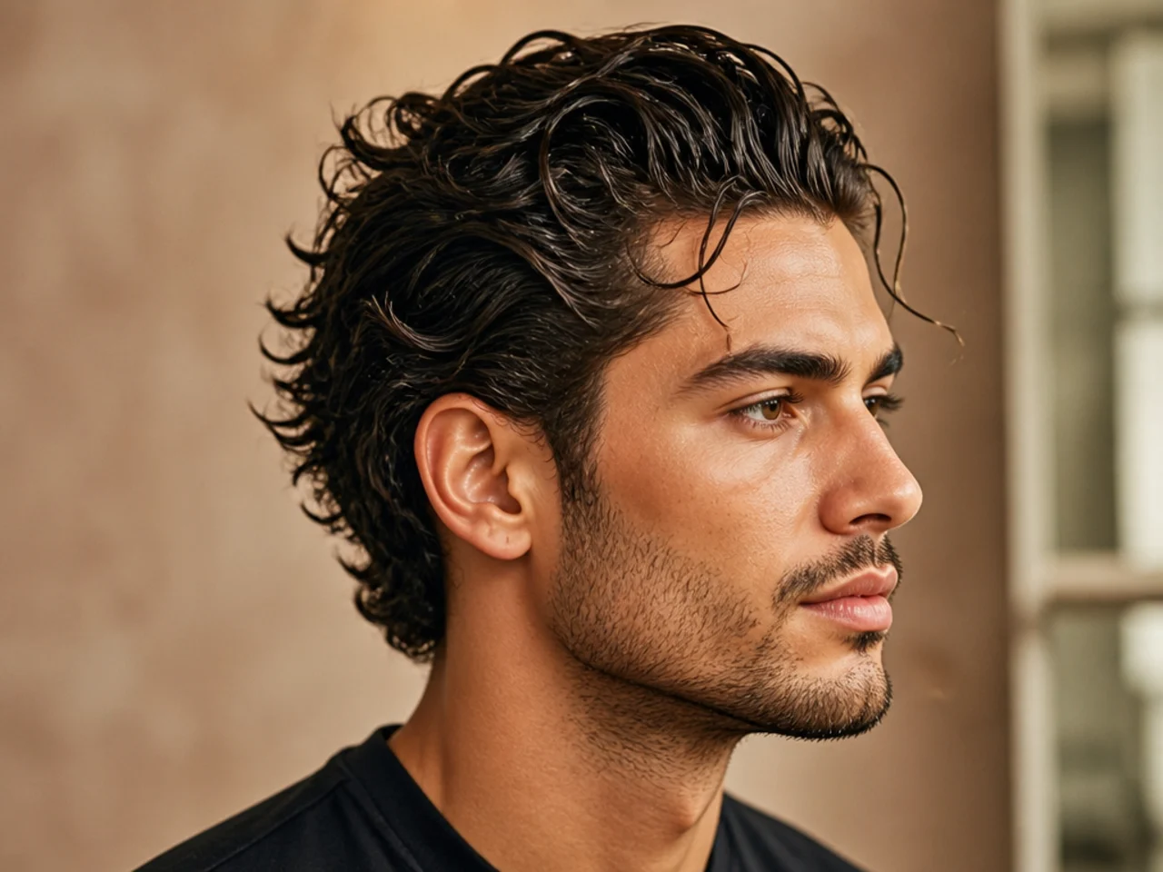 Curly hair messy slick back with defined 3A curls swept back and low taper sides