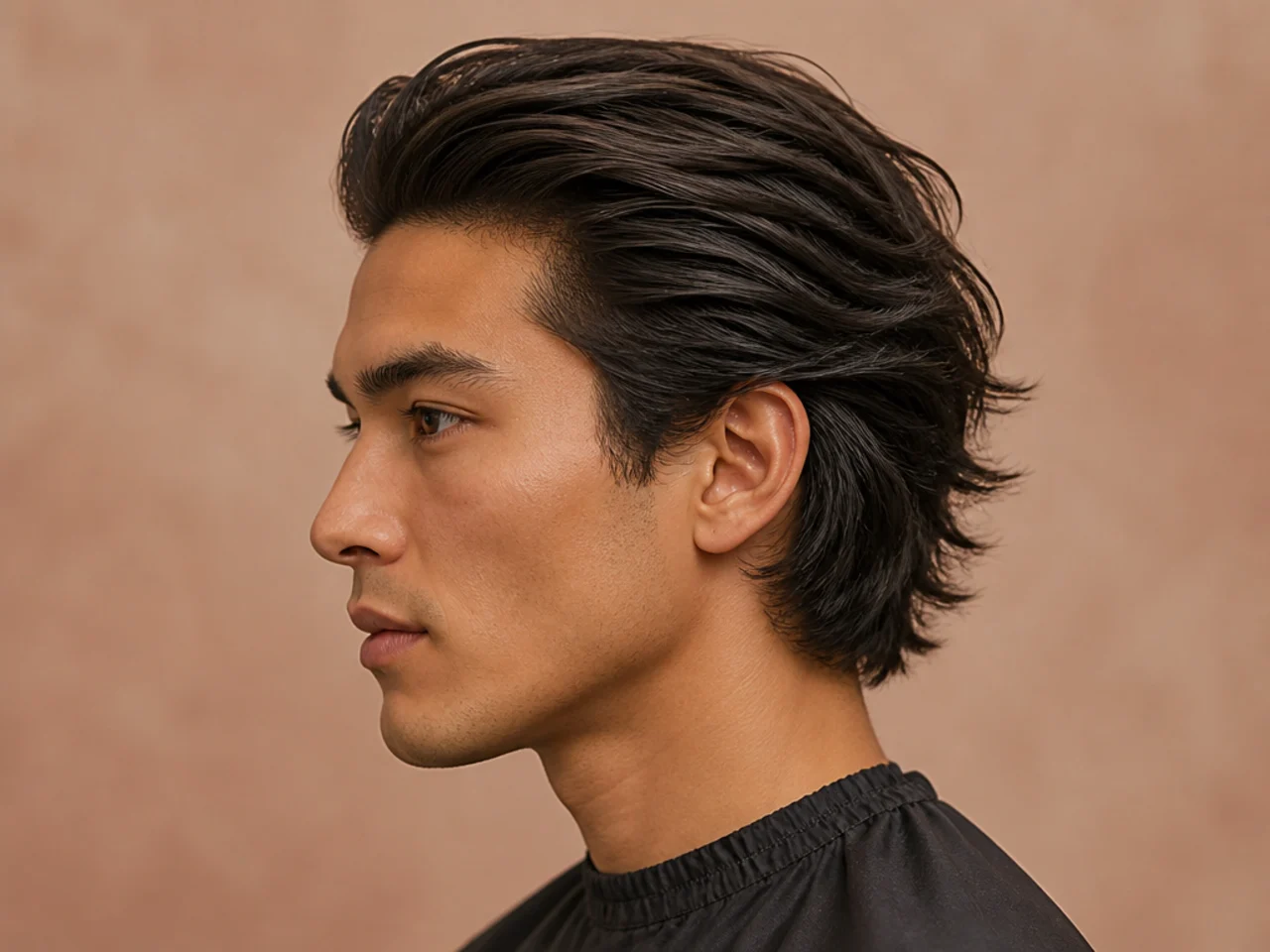 Straight hair messy slick back with heavy point-cut texture and matte finish