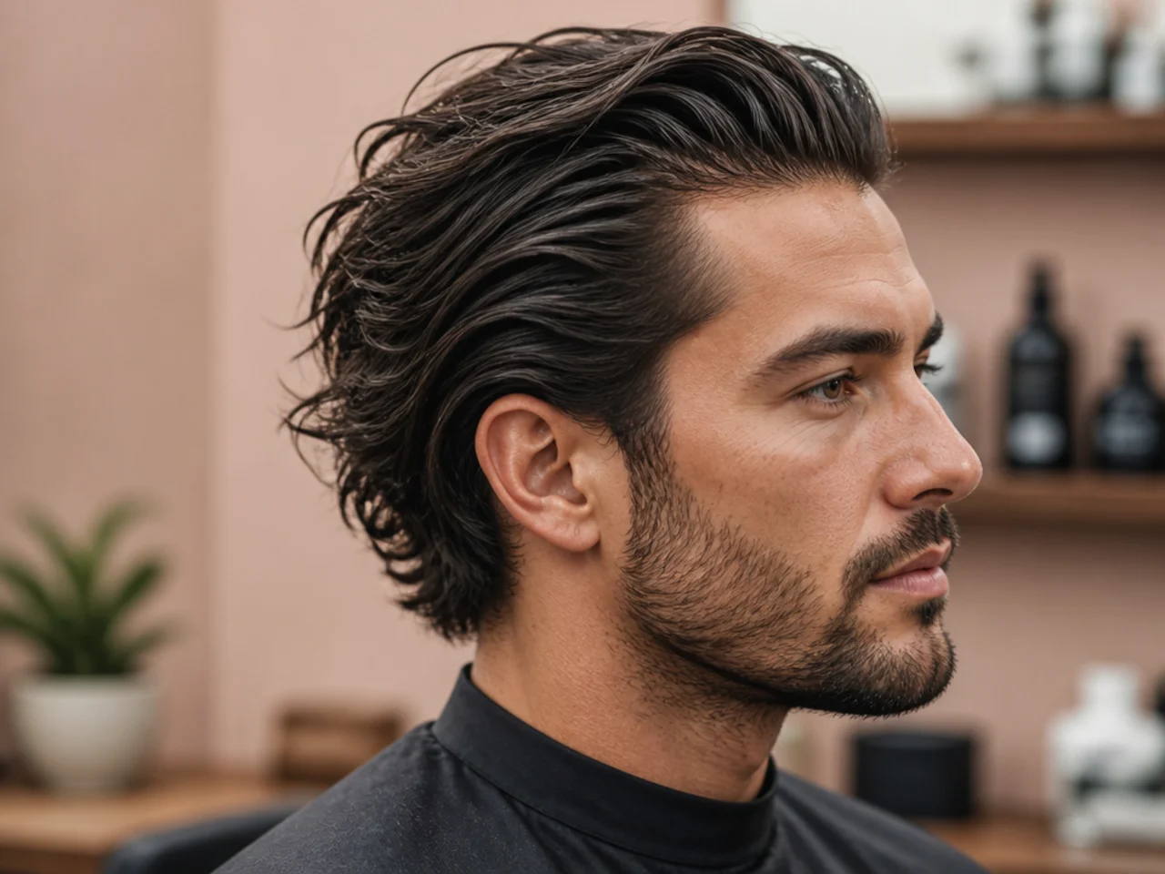 Thick hair messy slick back with interior thinning and controlled bulk at the top