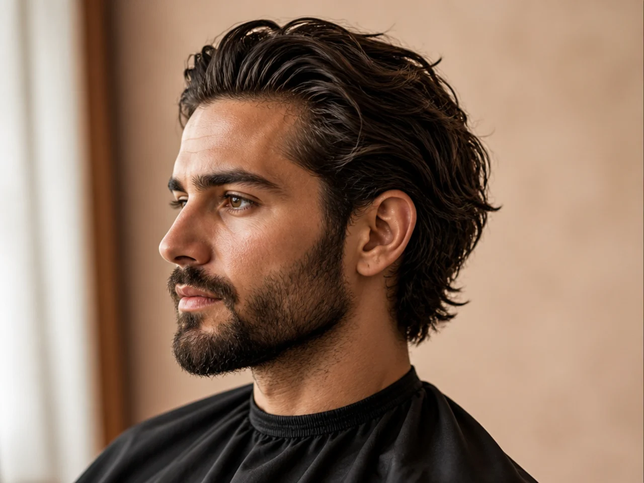 Messy slick back paired with a medium-length groomed beard on a man in his mid-thirties