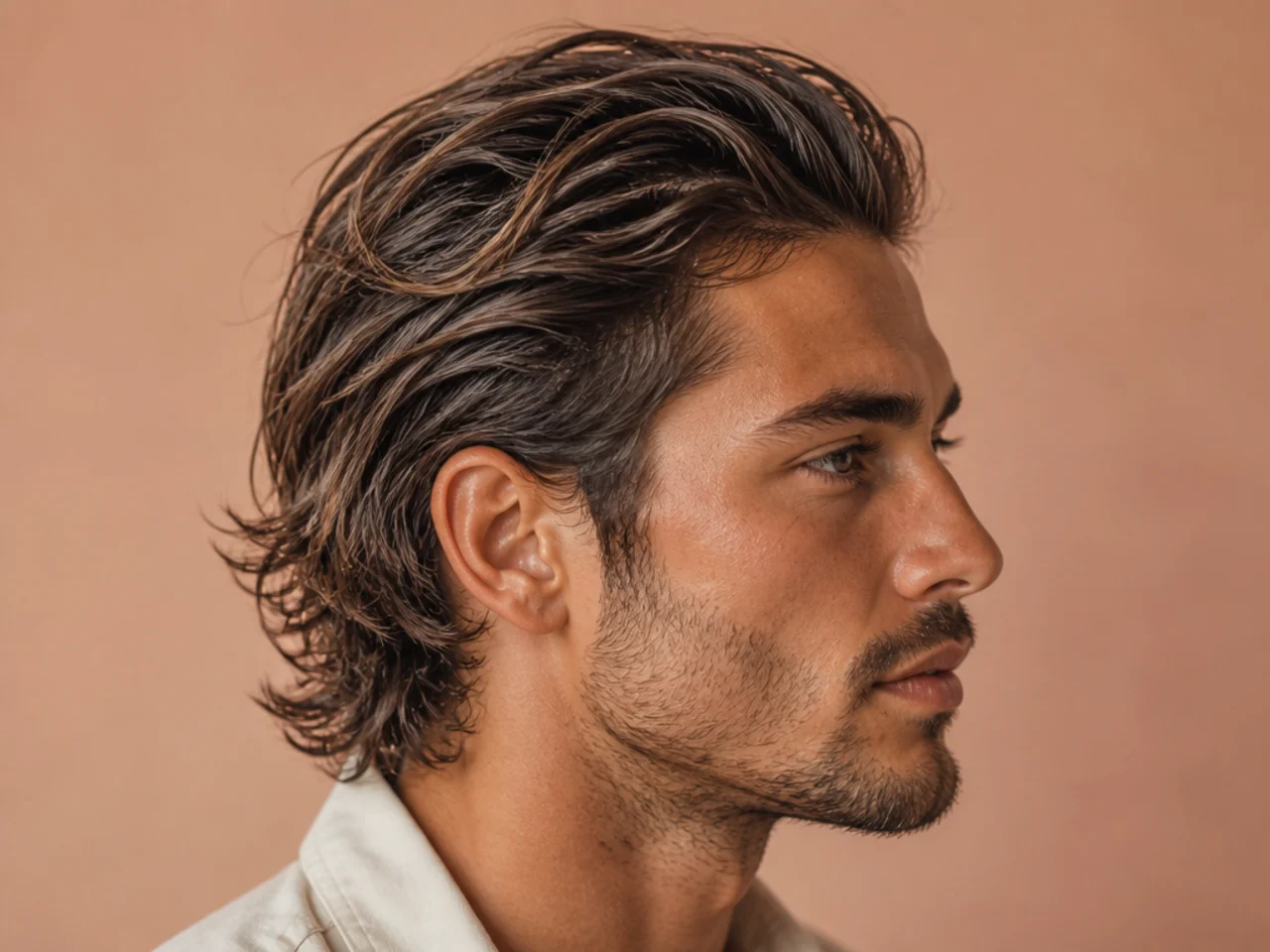 Surfer messy slick back with sea-salt-sprayed wavy hair and sun-lightened ends