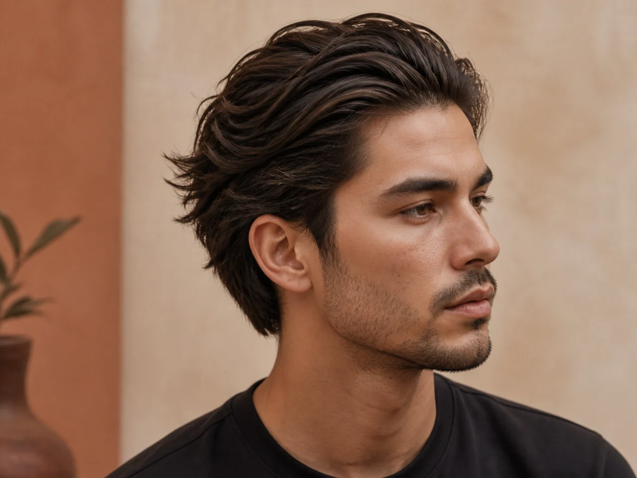 Textured messy slick back with visible piecey separation and matte finish on brown hair