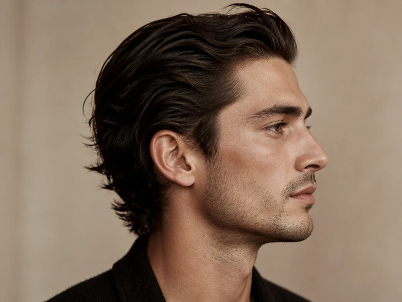 Old money messy slick back with soft side sweep and understated matte finish on a man in a blazer
