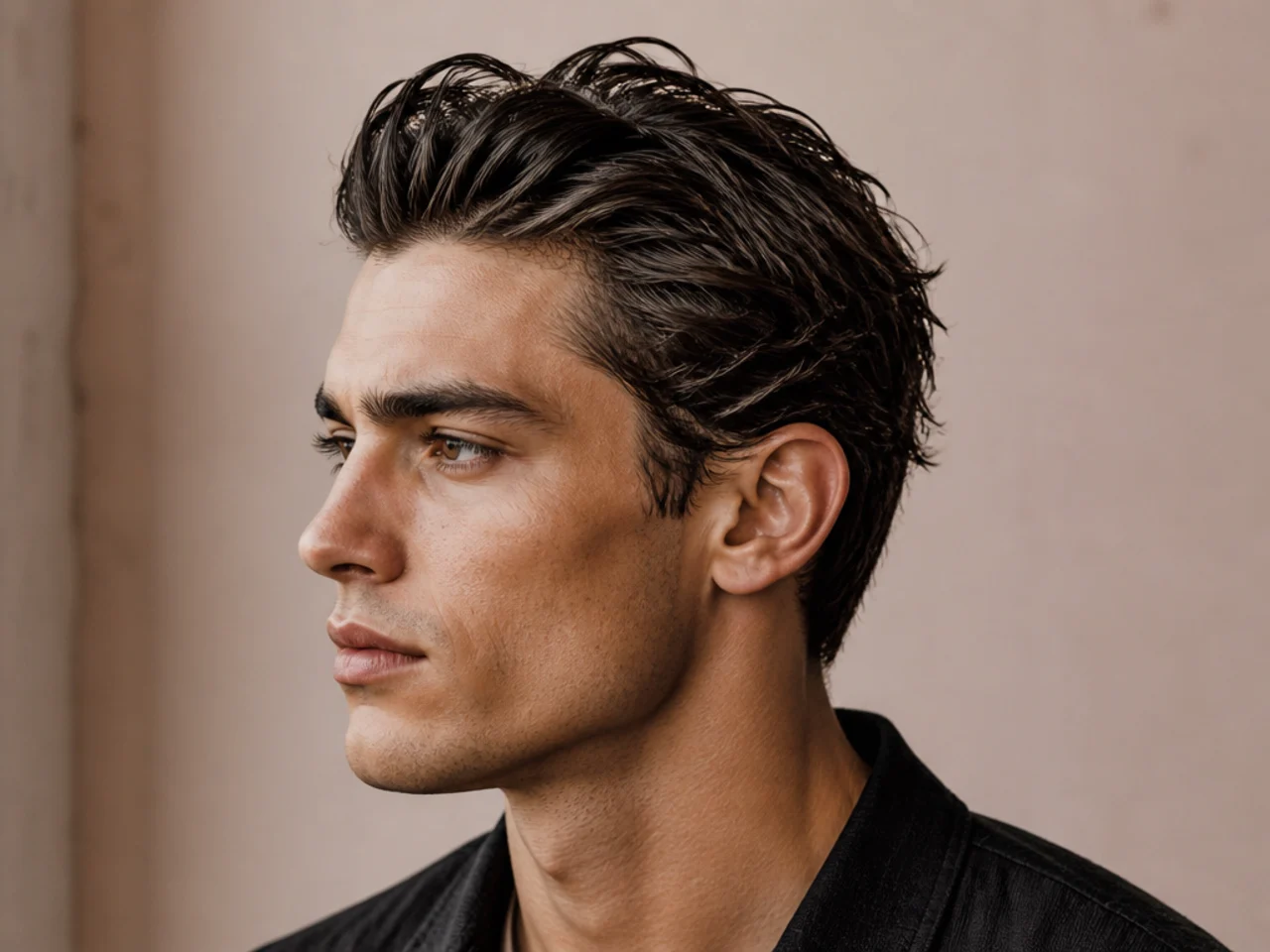 Short messy slick back with three inches on top and low-maintenance styling on a young man