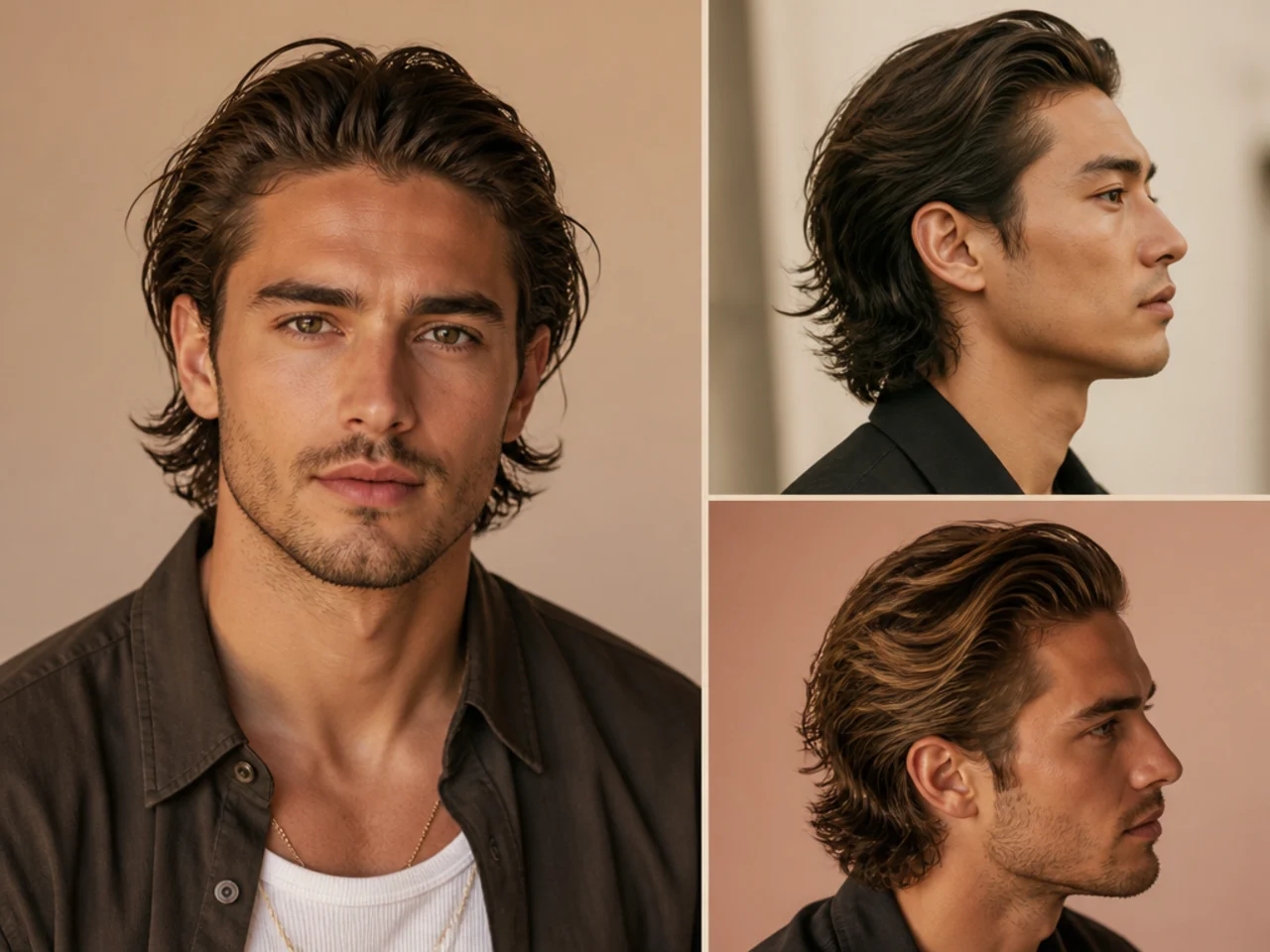 Medium-length messy slick back with four to five inches of natural texture on top