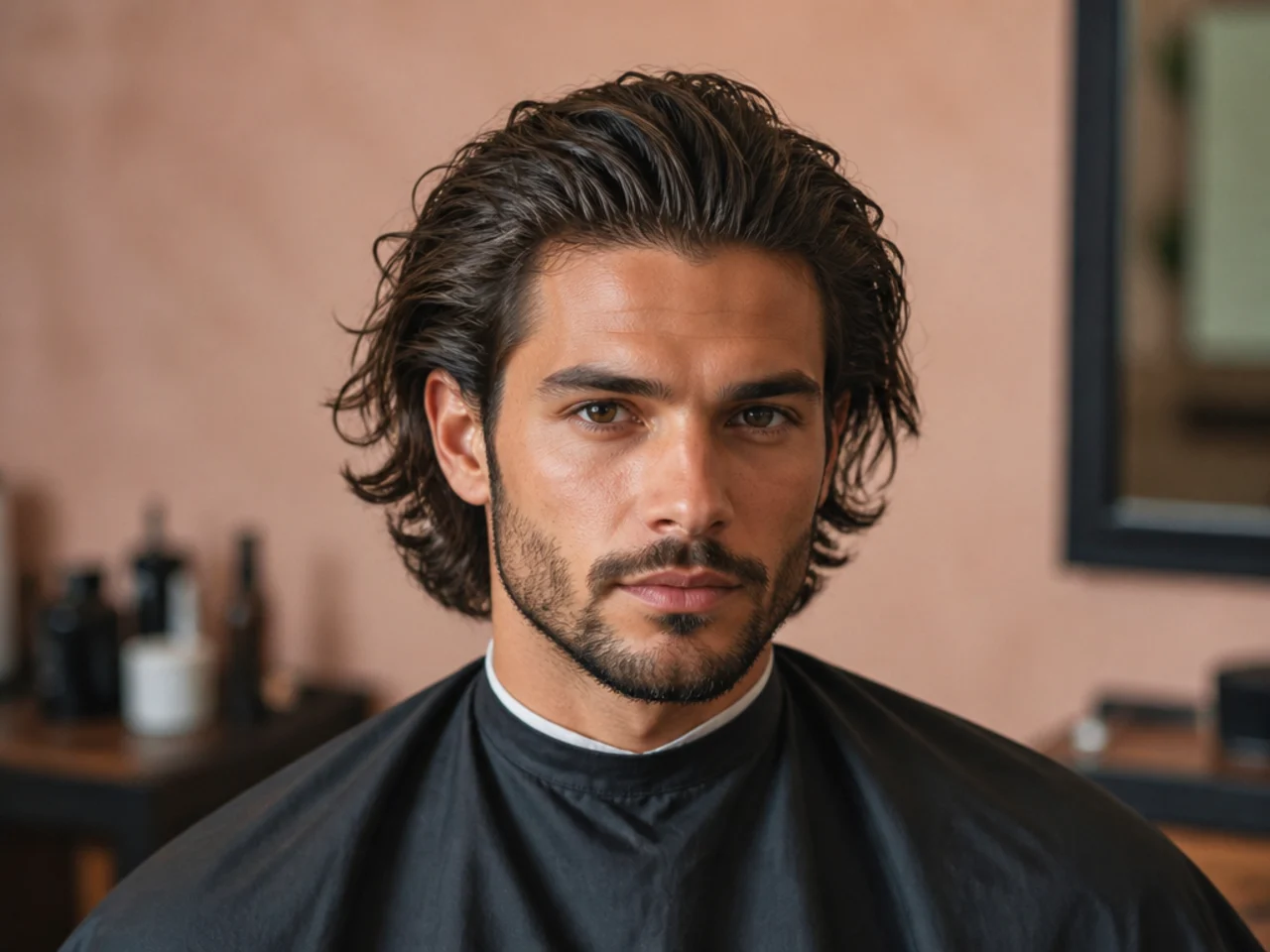 Long messy slick back with six to eight inches of layered wavy hair combed back and natural flow