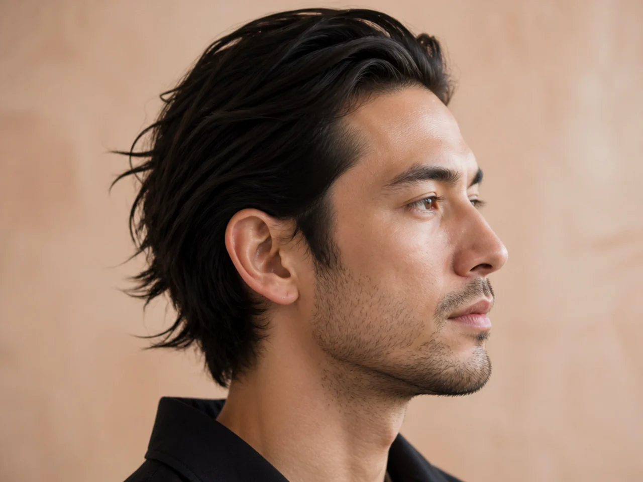 Matte messy slick back with zero shine and clean textured finish on straight brown hair