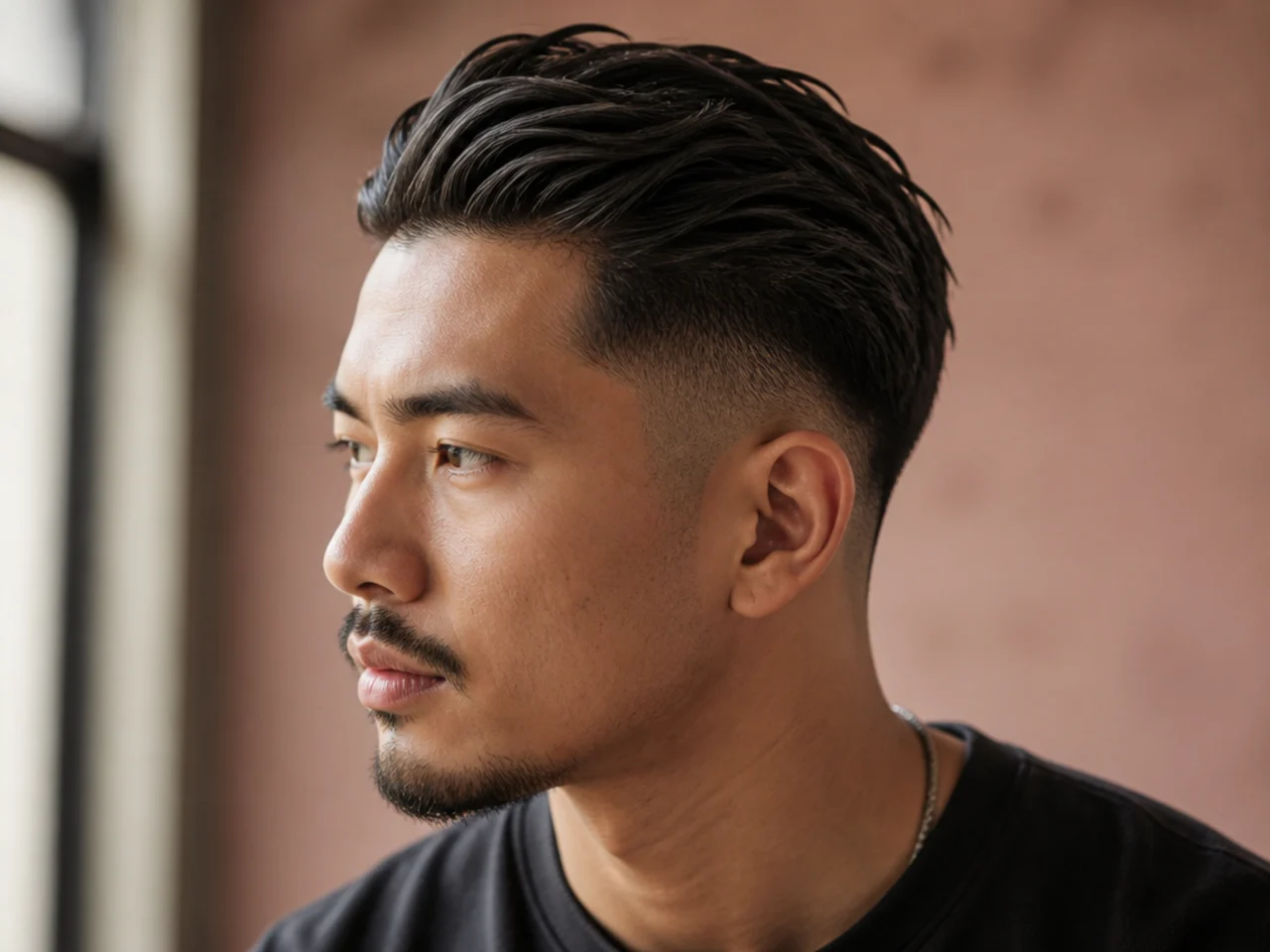 Messy slick back with a low fade and matte-finish top on medium-brown hair