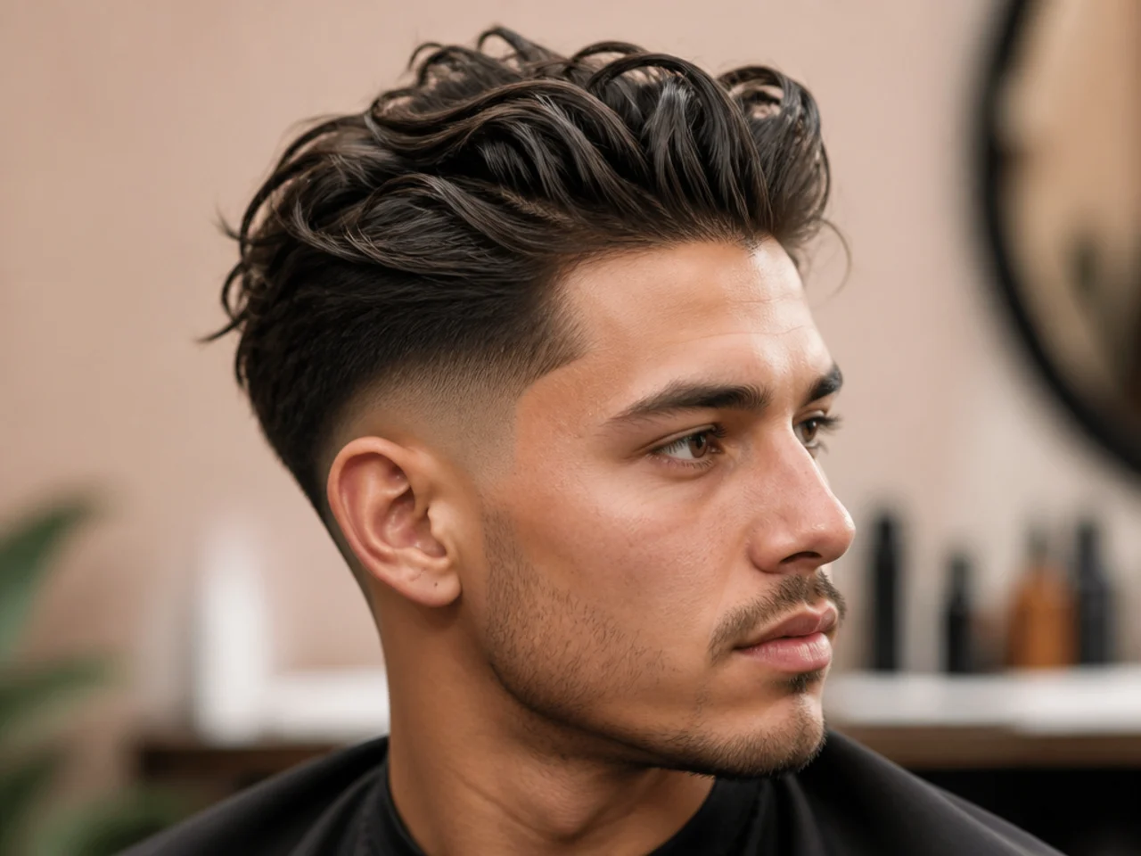 Messy slick back with a mid fade and heavy texture on top on a man in his late twenties