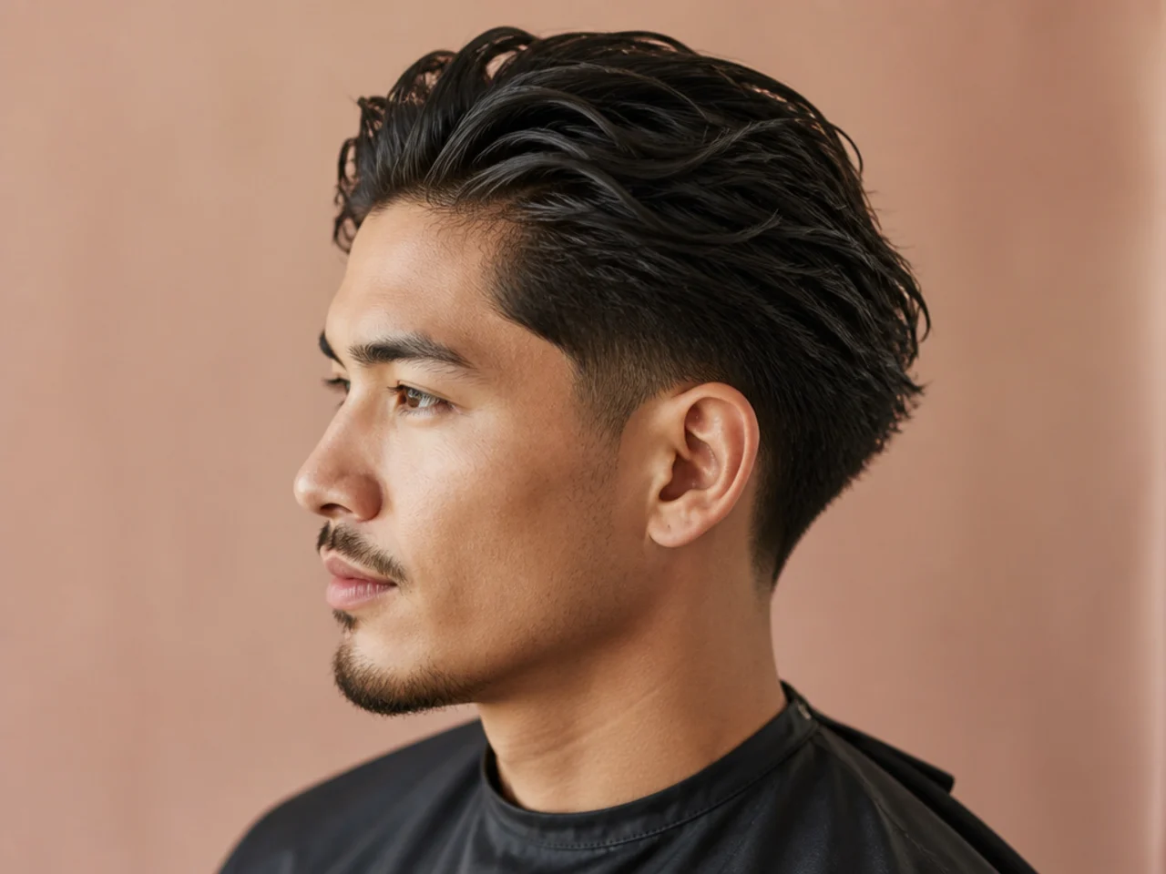Messy slick back with a low taper fade at the perimeter and casual textured top