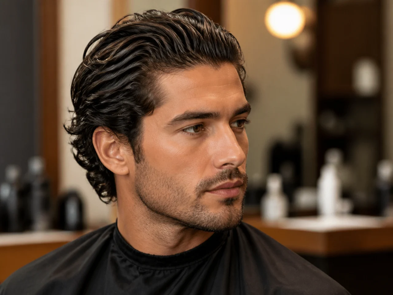 Man showing his barber a phone photo of a messy slick back haircut in a warm-lit shop