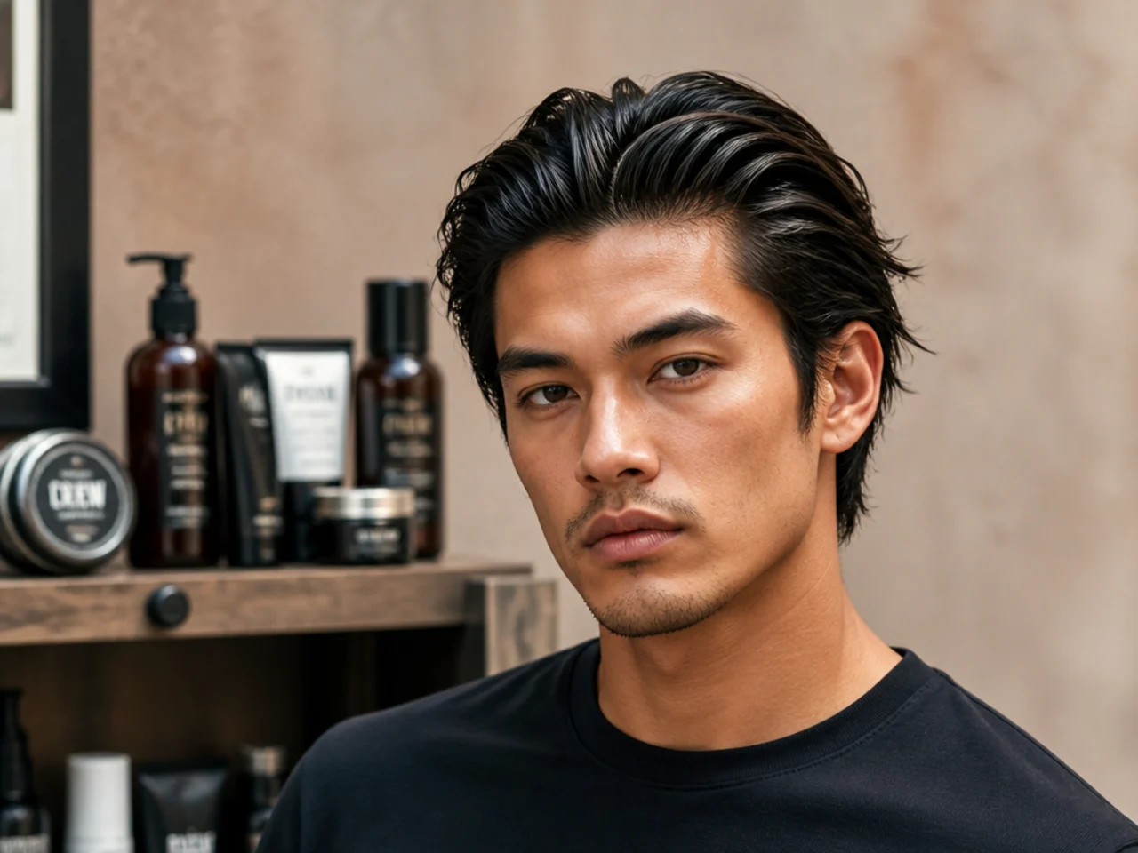 Messy slick back styling products laid out on a barber shop counter with matte cream and wide-tooth comb