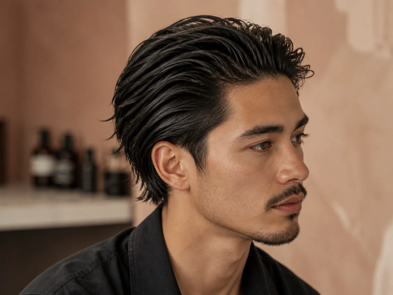 Side profile of a messy slick back haircut on wavy dark hair in a warm-lit barber shop