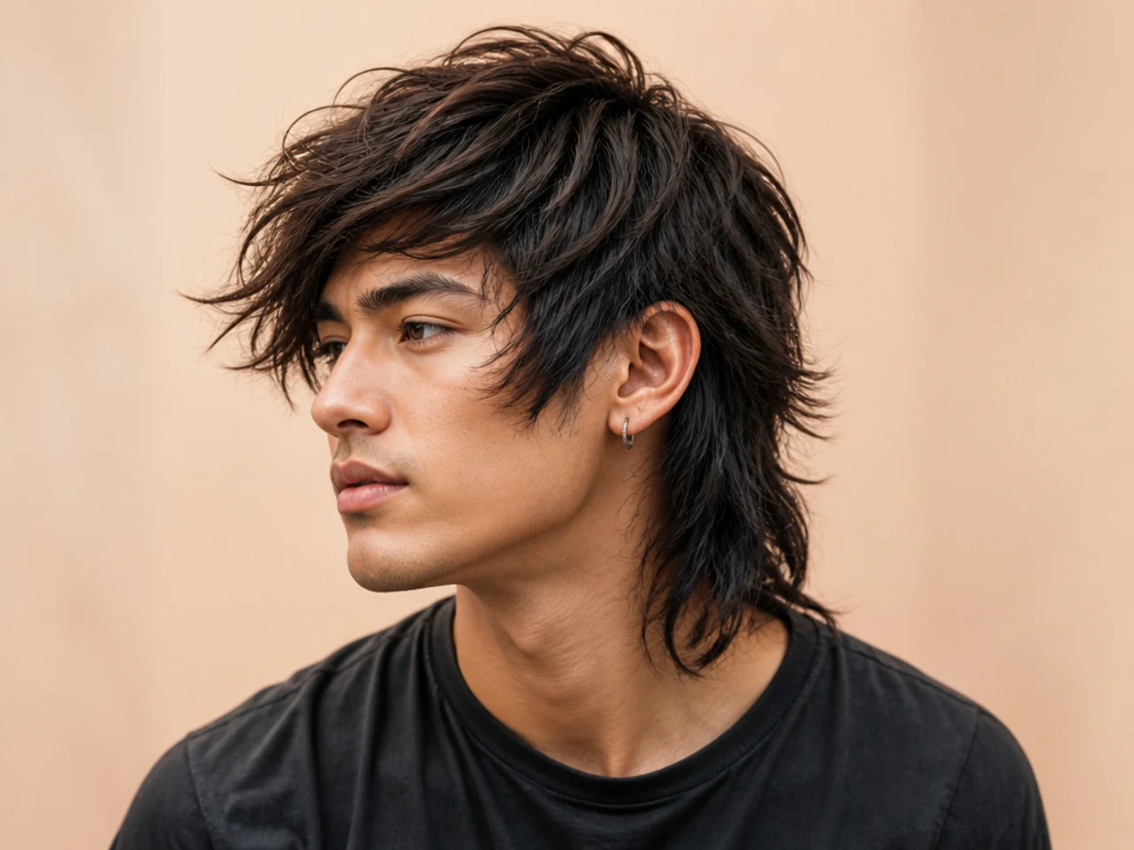 Asymmetric messy wolf cut with one side deliberately longer and wilder than the other