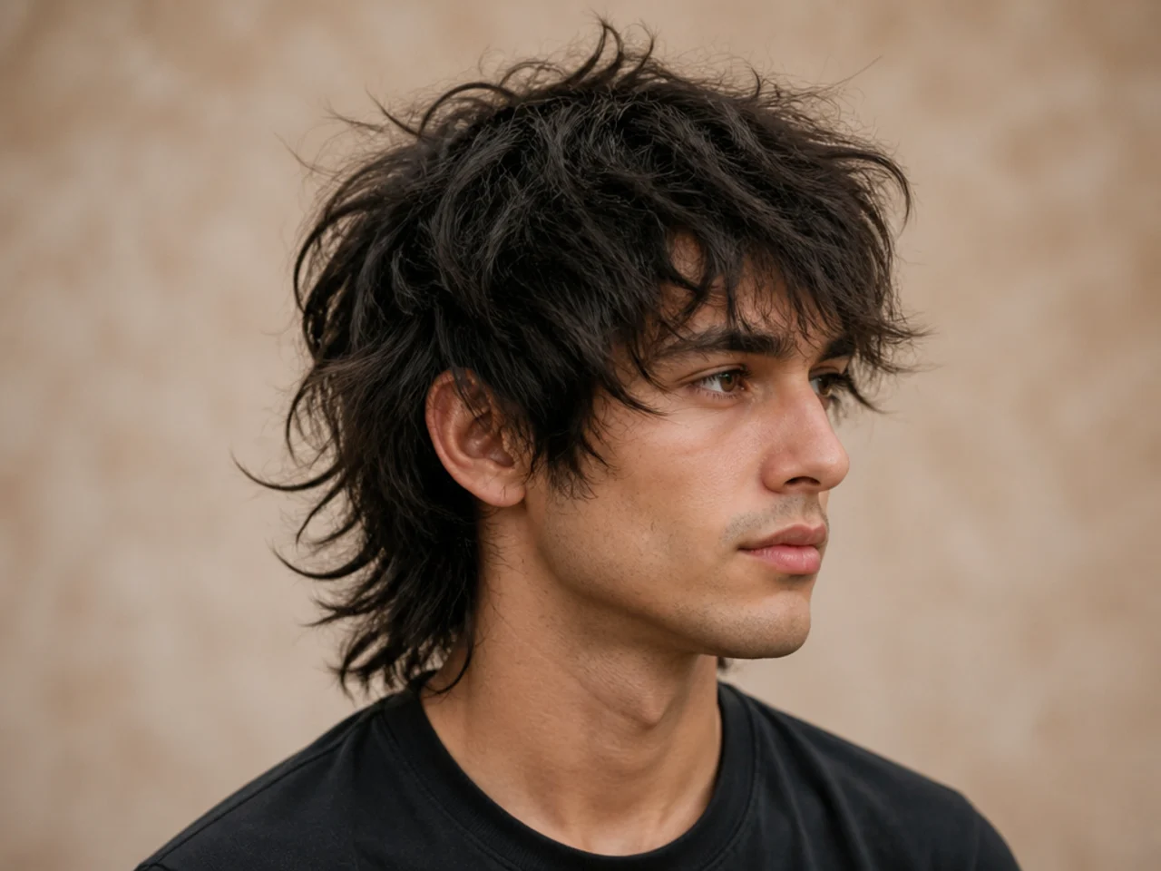 Classic messy wolf cut on wavy brown hair with tousled layered texture and soft face-framing