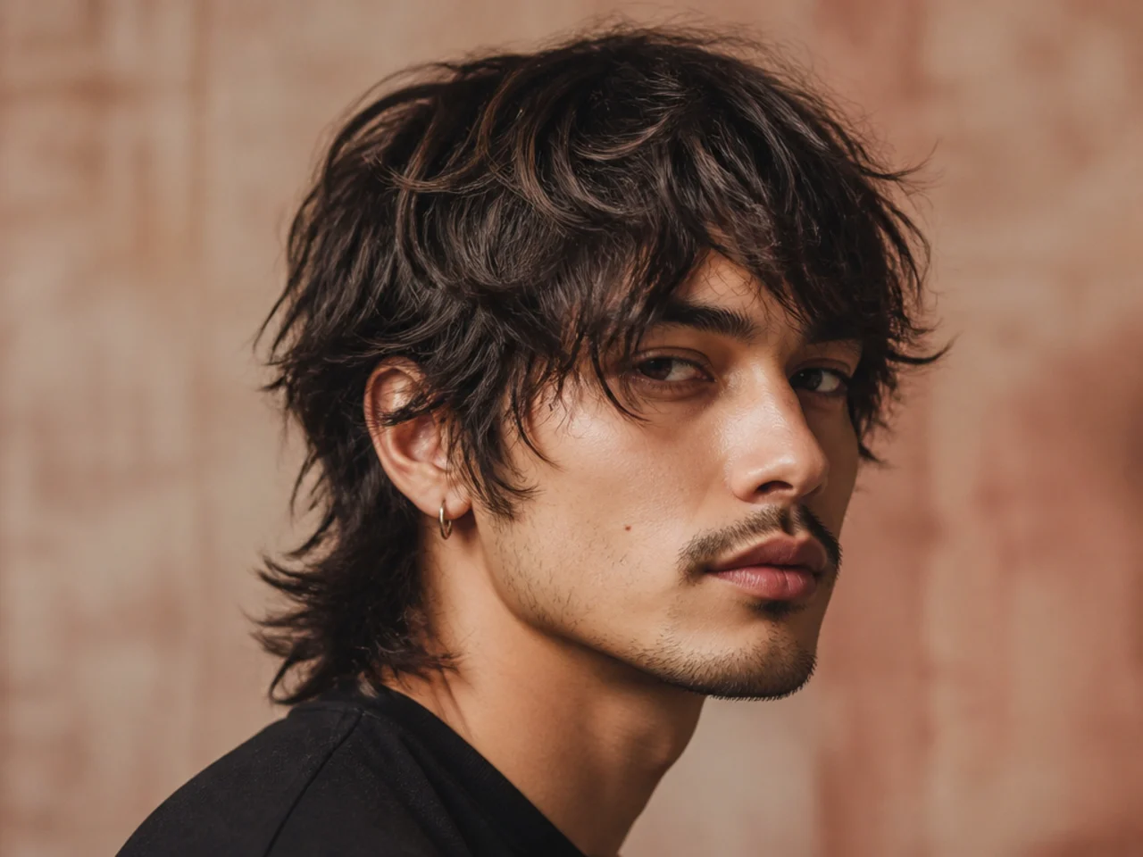 Grunge wolf cut inspired by 90s alt-rock aesthetic with heavy tousled unkempt texture