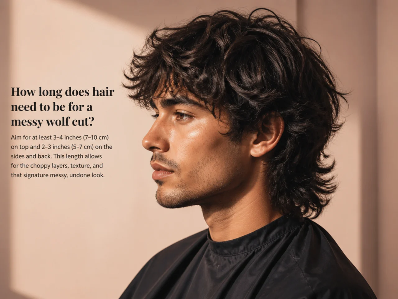 Man measuring hair length in a barbershop mirror to check for messy wolf cut minimum