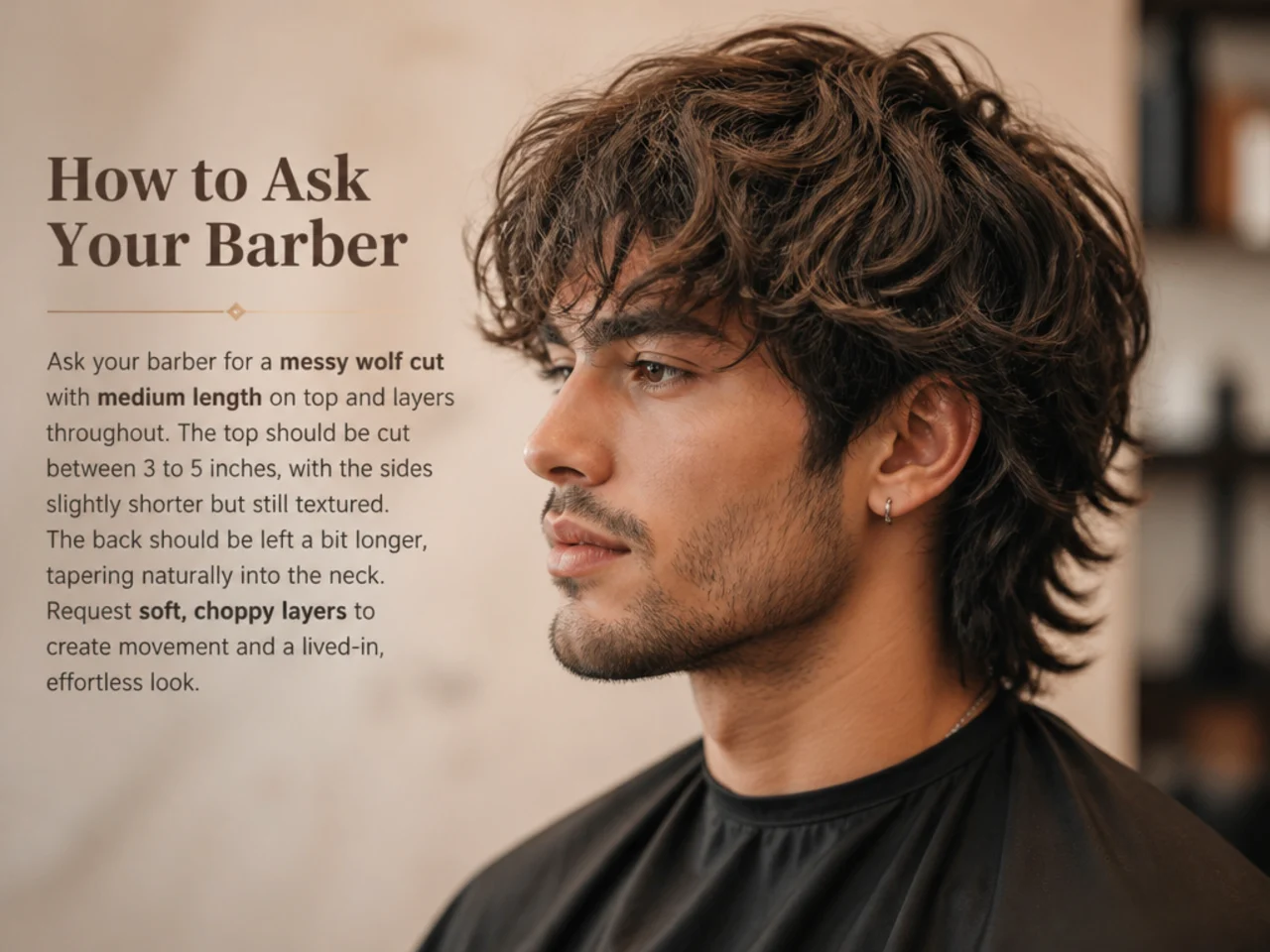 Barber consultation showing a client's phone with messy wolf cut reference photos