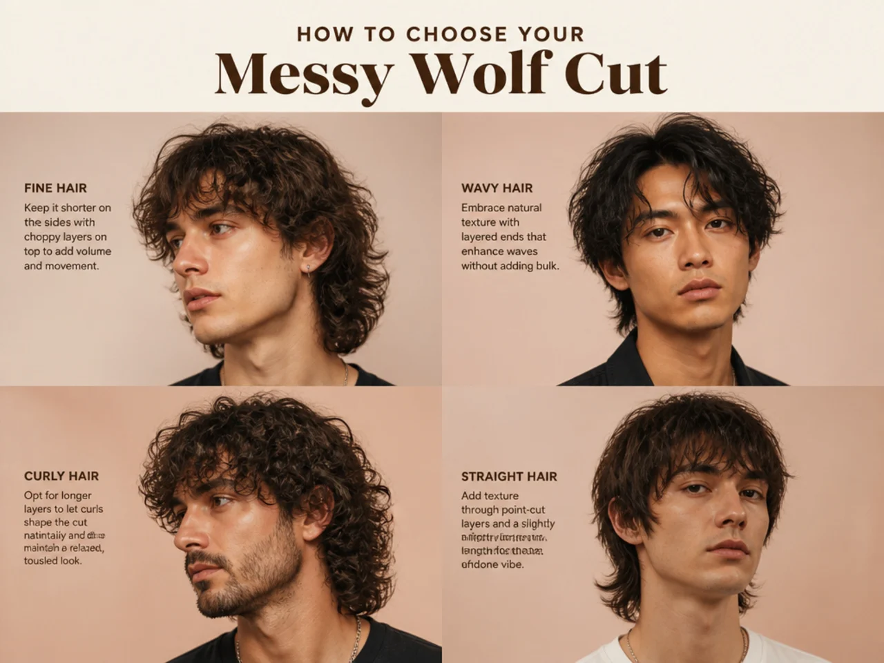 Three men with different messy wolf cut lengths in a barbershop showing casual layered styling