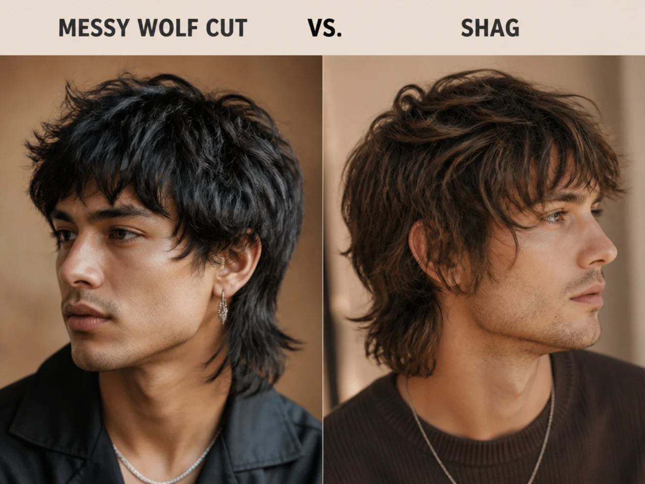 Side-by-side comparison of a messy wolf cut and a shag haircut showing the silhouette difference