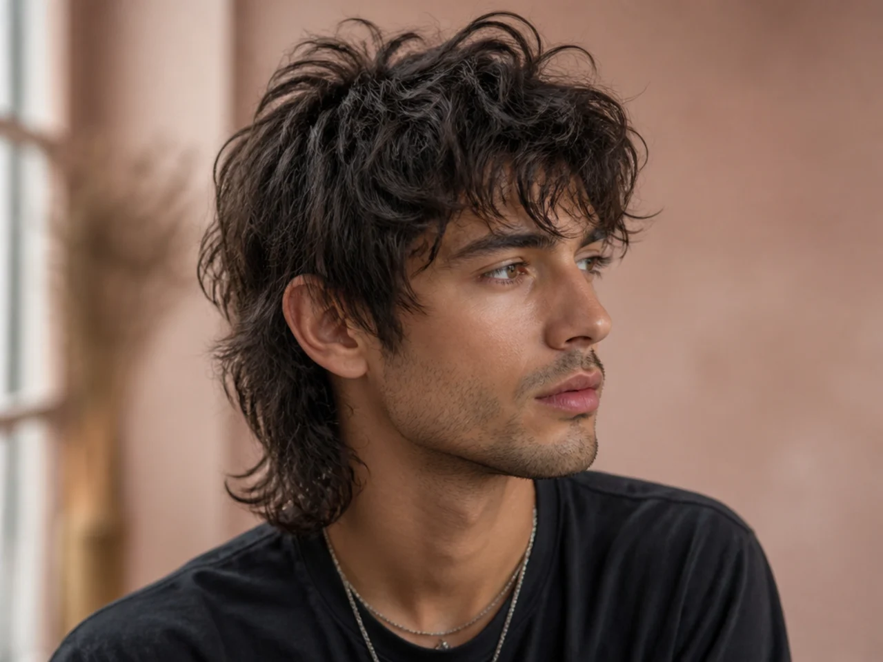 Messy mullet wolf cut with tousled top and elongated shaggy back on wavy blond hair